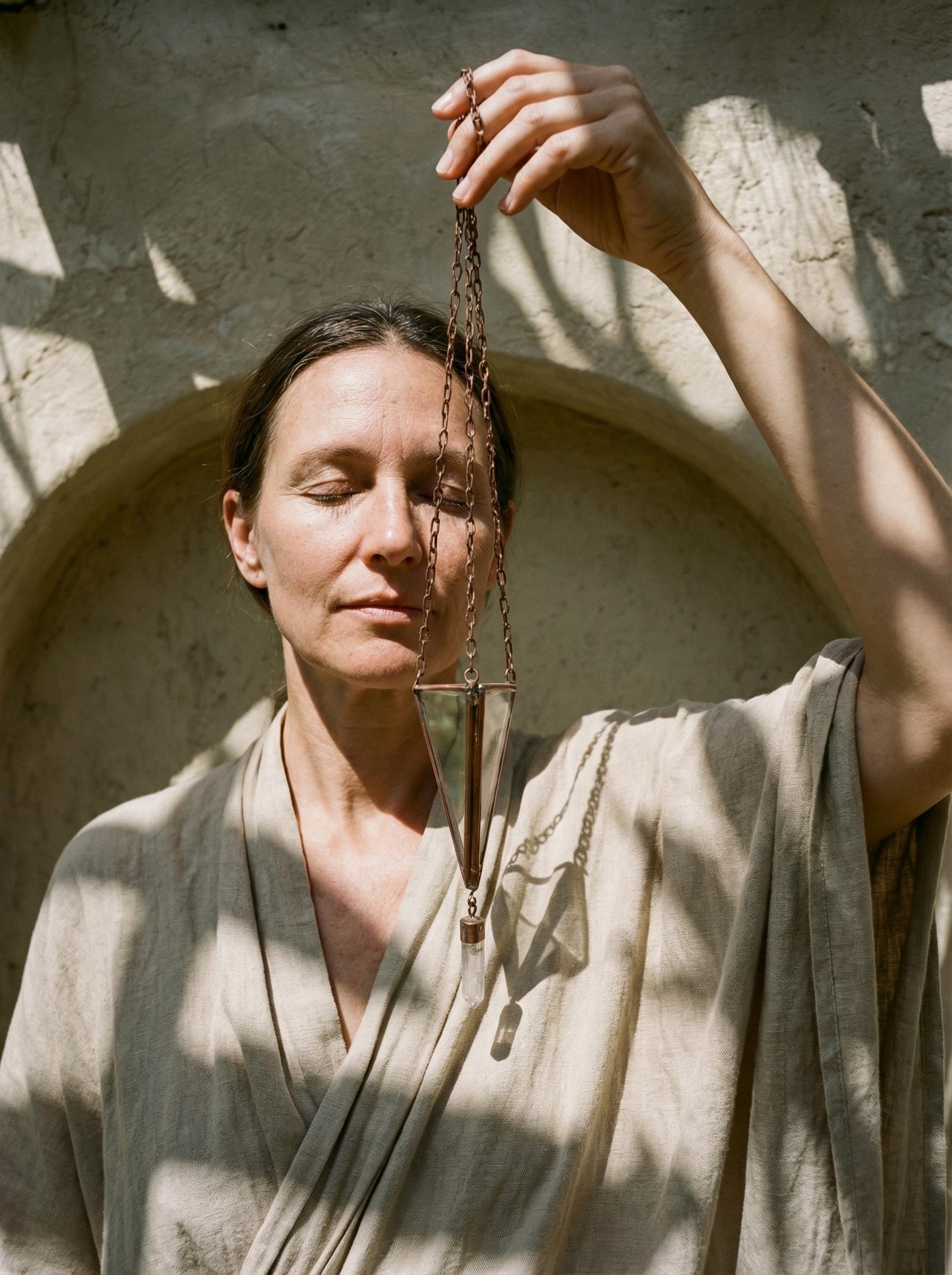 Copper Triangle Quartz hanging decoration shown worn near the body, highlighting long chain and prism shape.