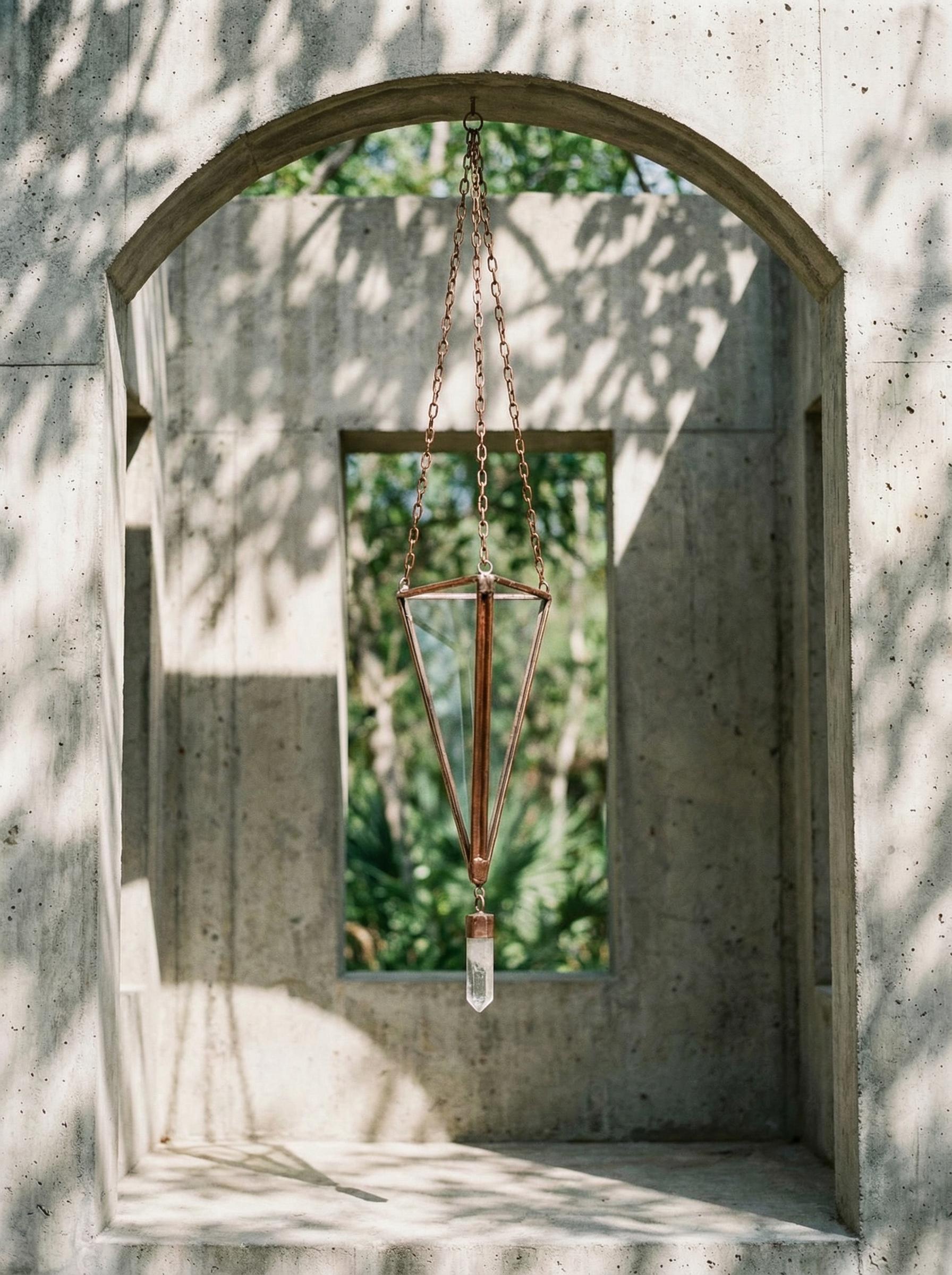 Clear Quartz Copper Triangle Hanging Decor, Glass Prism Suncatcher, Raw Crystal Point, Spiritual Home Decoration Gift