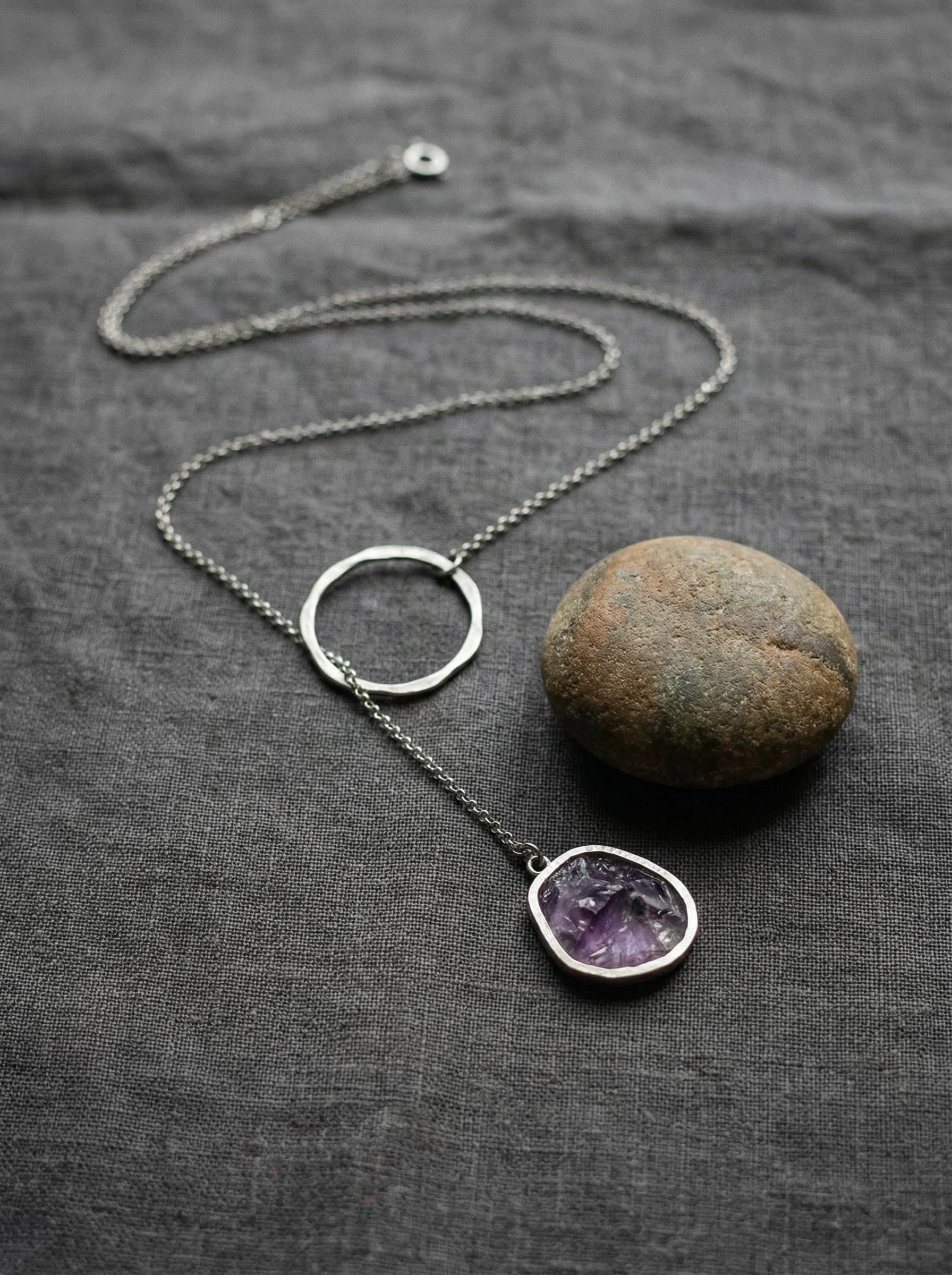 Amethyst Noose Necklace, 925 Oxidized Silver, Raw Crystal Pendant, Unique Loop Chain, Brushed Texture, Modern Spiritual Jewelry