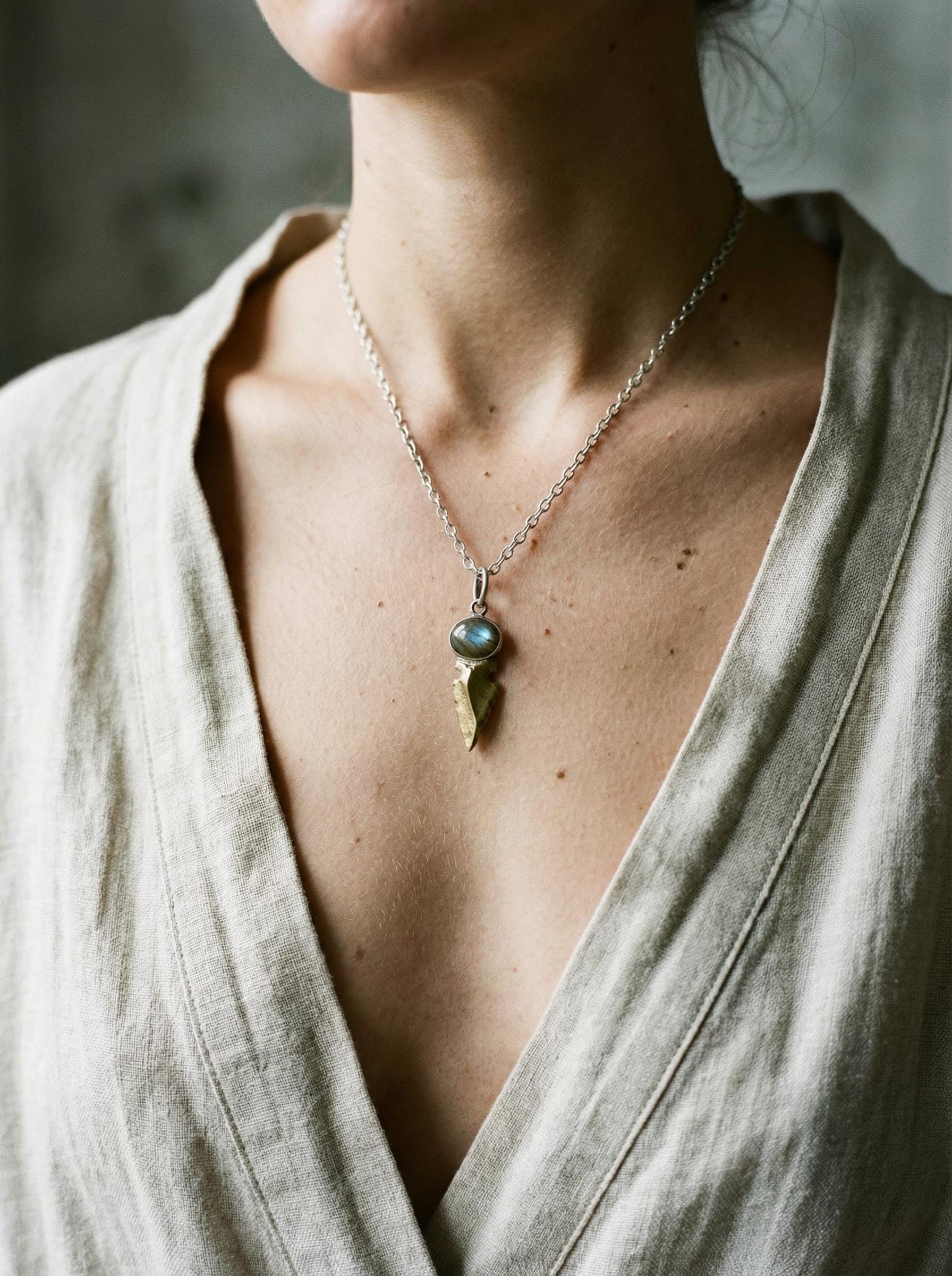 Labradorite Obsidian Pendant Sterling Silver Brass Spearhead Necklace Third Eye Root Chakra Talisman Gift