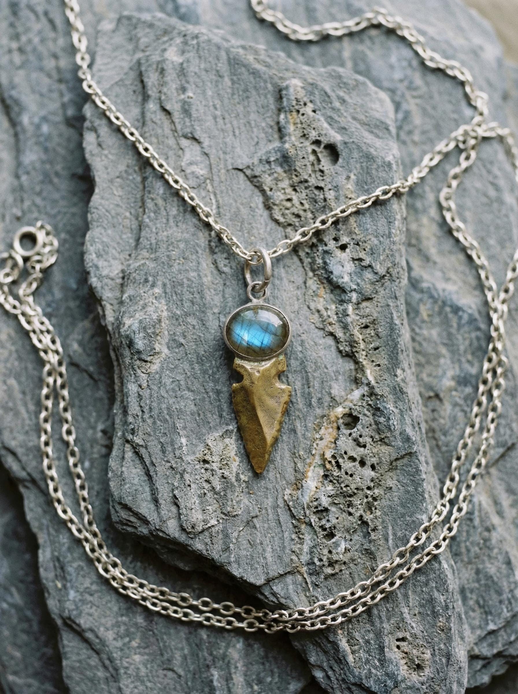 Labradorite Obsidian Pendant Sterling Silver Brass Spearhead Necklace Third Eye Root Chakra Talisman Gift