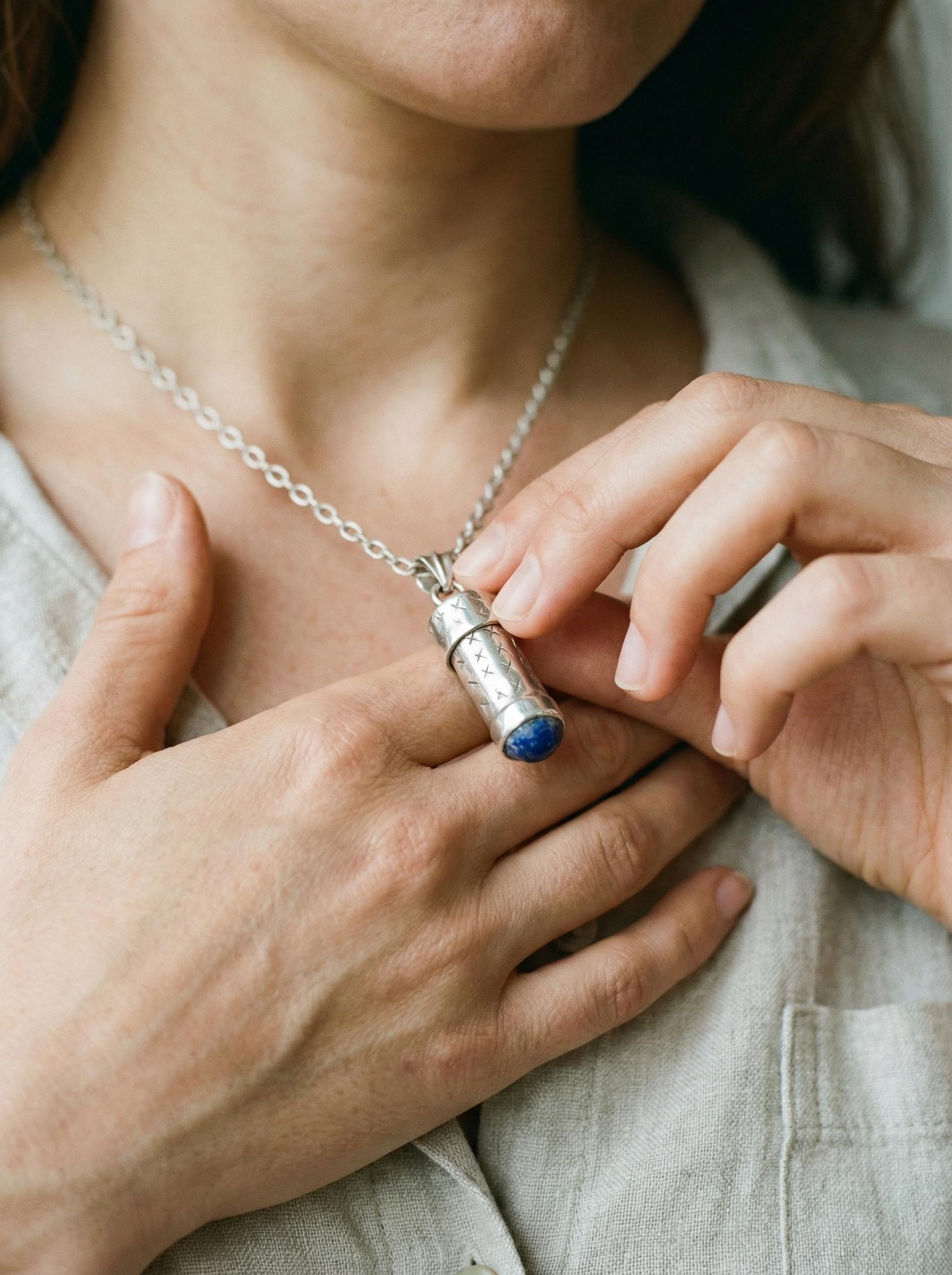 Silver Capsule Pendant Lapis Lazuli 925 Secret Holder Necklace High Polish Functional Keepsake Jewelry Gift