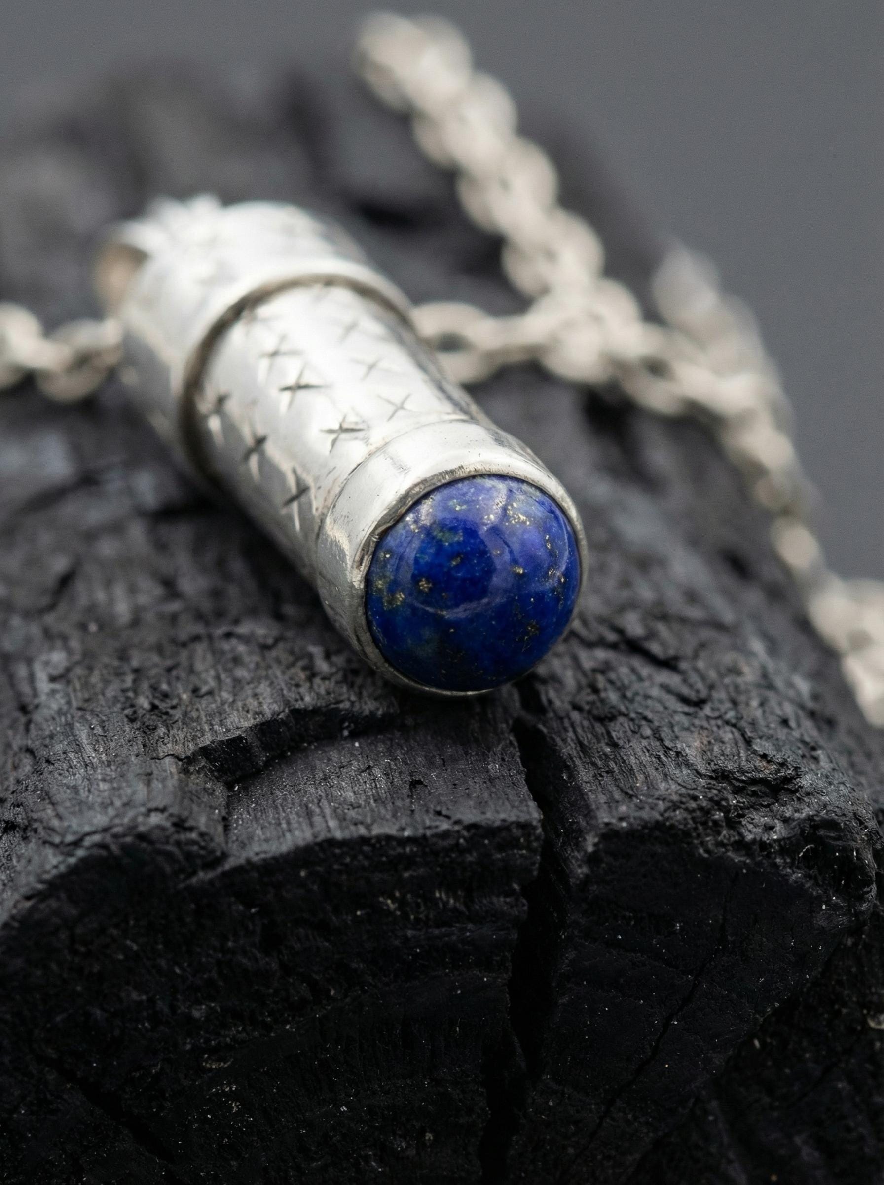 Silver Capsule Pendant Lapis Lazuli 925 Secret Holder Necklace High Polish Functional Keepsake Jewelry Gift
