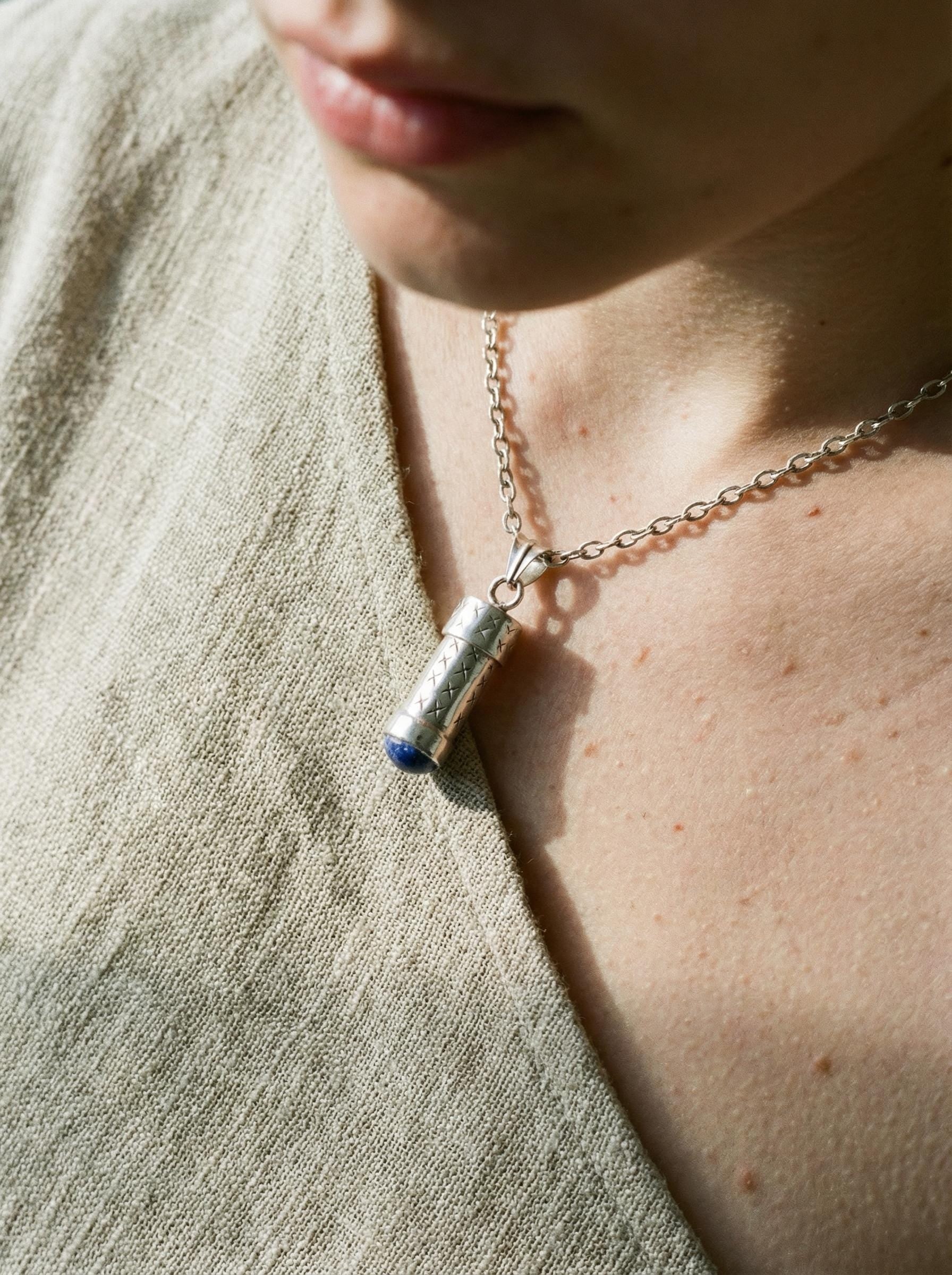 Silver Capsule Pendant Lapis Lazuli 925 Secret Holder Necklace High Polish Functional Keepsake Jewelry Gift
