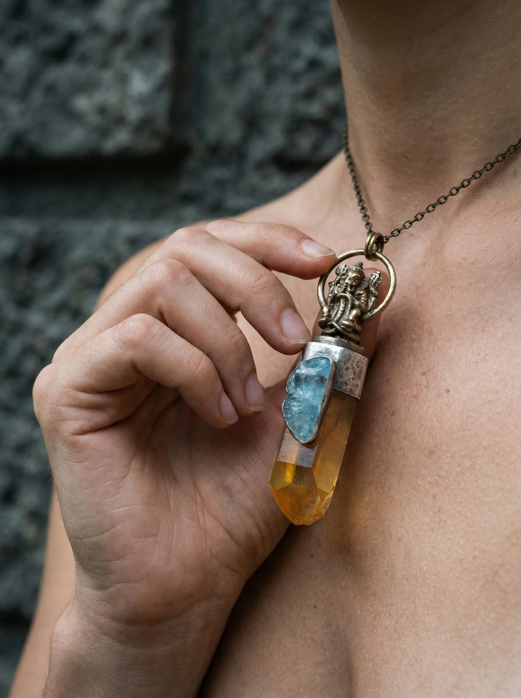Lemurian Quartz Pendant Ganesha Brass 925 Silver Aquamarine Cabochon Oxidized Hammered Spiritual Jewelry