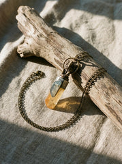 Ganesha Quartz pendant displayed on driftwood with golden Lemurian point and Aquamarine accent stone.
