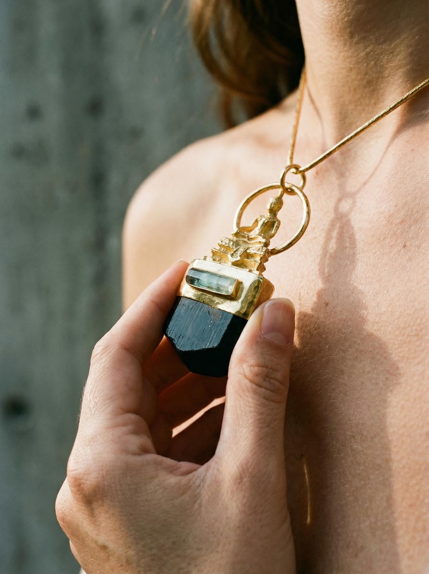 Buddha Meditation Pendant Black Tourmaline Smoky Quartz 925 Silver Gold Brass Root Chakra Talisman Gift