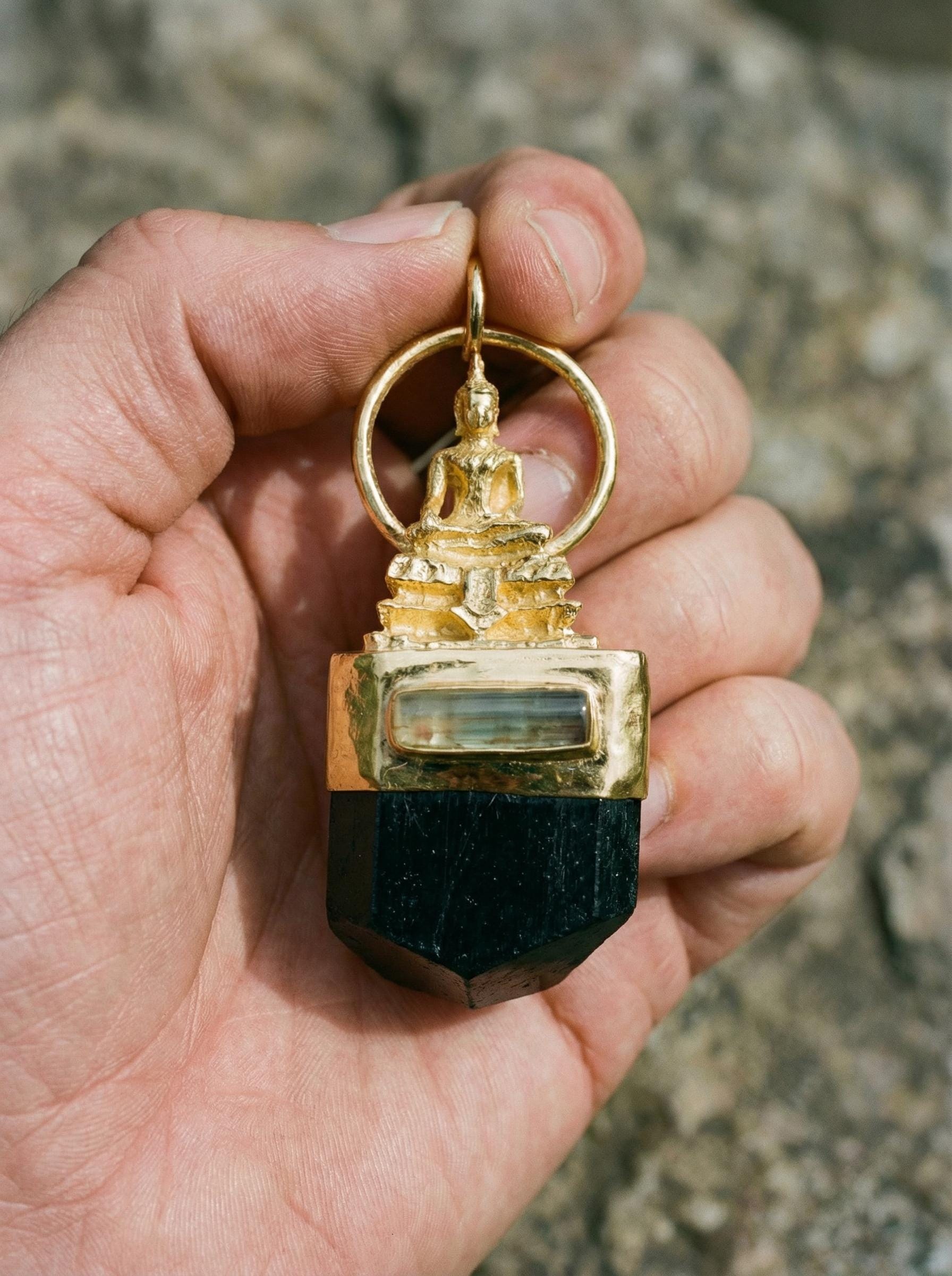 Gold Plated Buddha Pendant, Black Tourmaline & Smoky Quartz Talisman