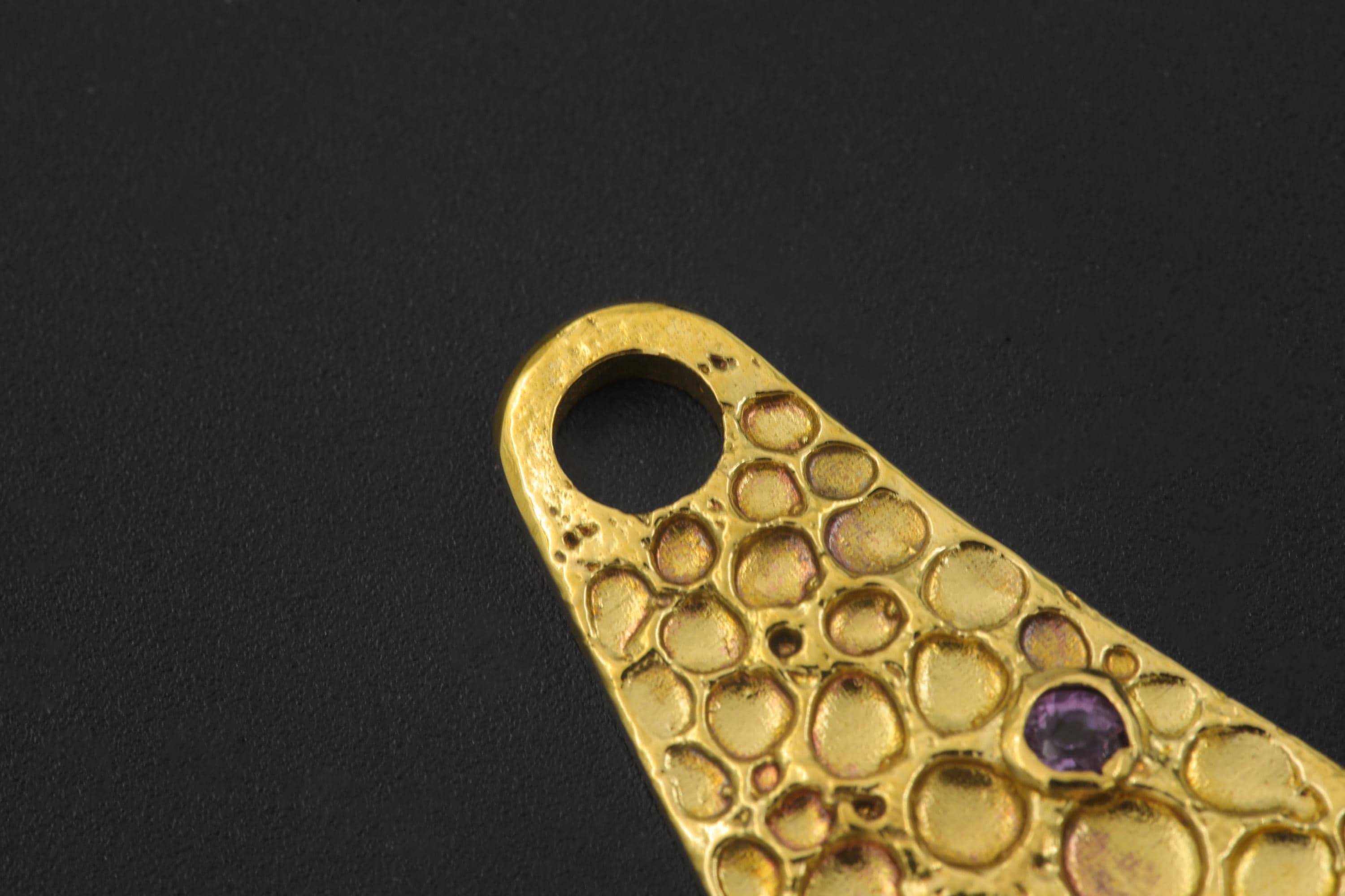 18k Gold Plated Cast Pendant, Textured Amethyst Talisman Necklace