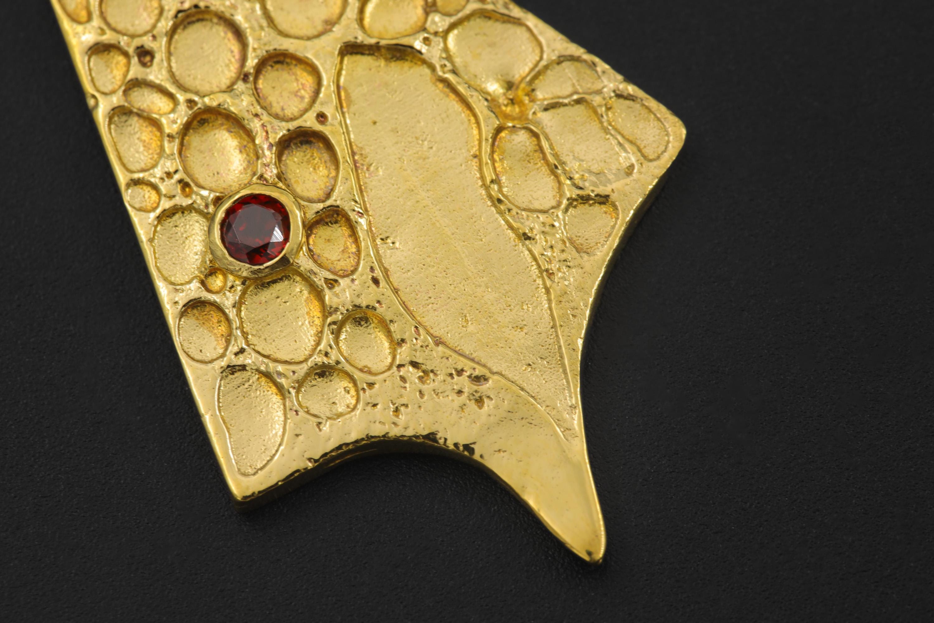 Double Garnet Pendant 18k Gold Plated Brass Cast Necklace Textured Sculptural Crystal Talisman Jewelry Gift