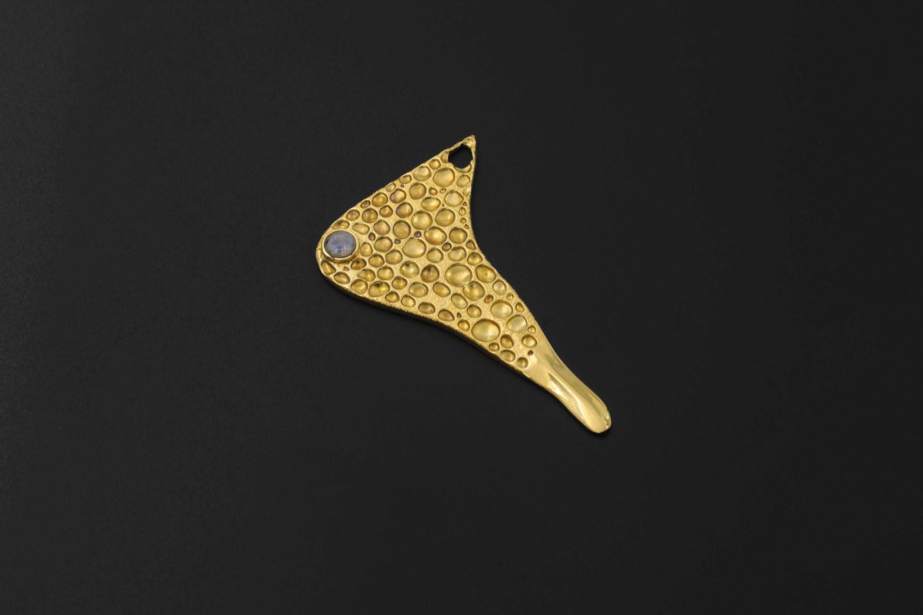 Gold Plated Spoon Pendant Blue Moonstone Cast Brass Necklace Ritual Tool Functional Crystal Talisman Jewelry