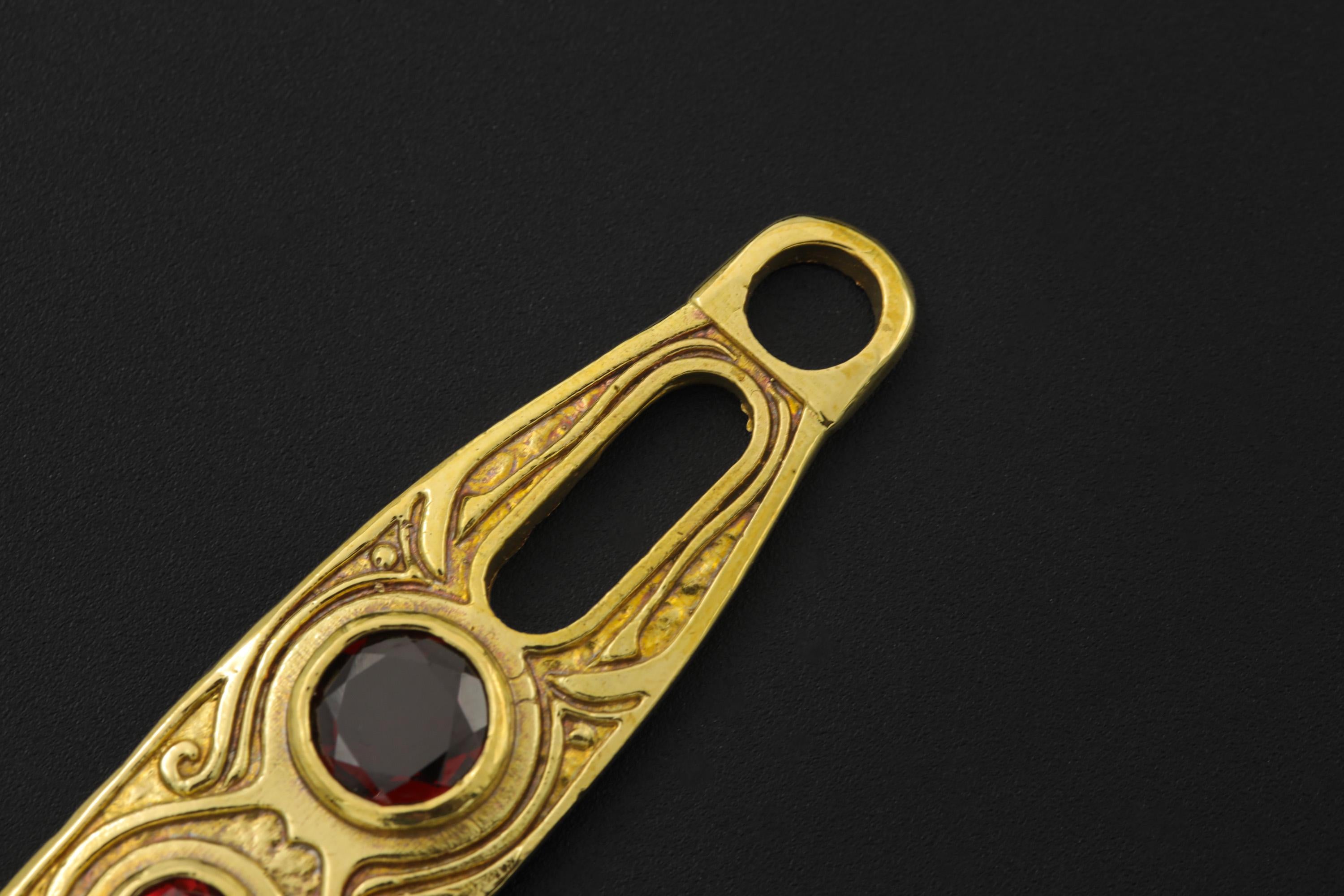 Gold Plated Brass Spoon Pendant, Faceted Red Garnet, Ritual Talisman Jewelry
