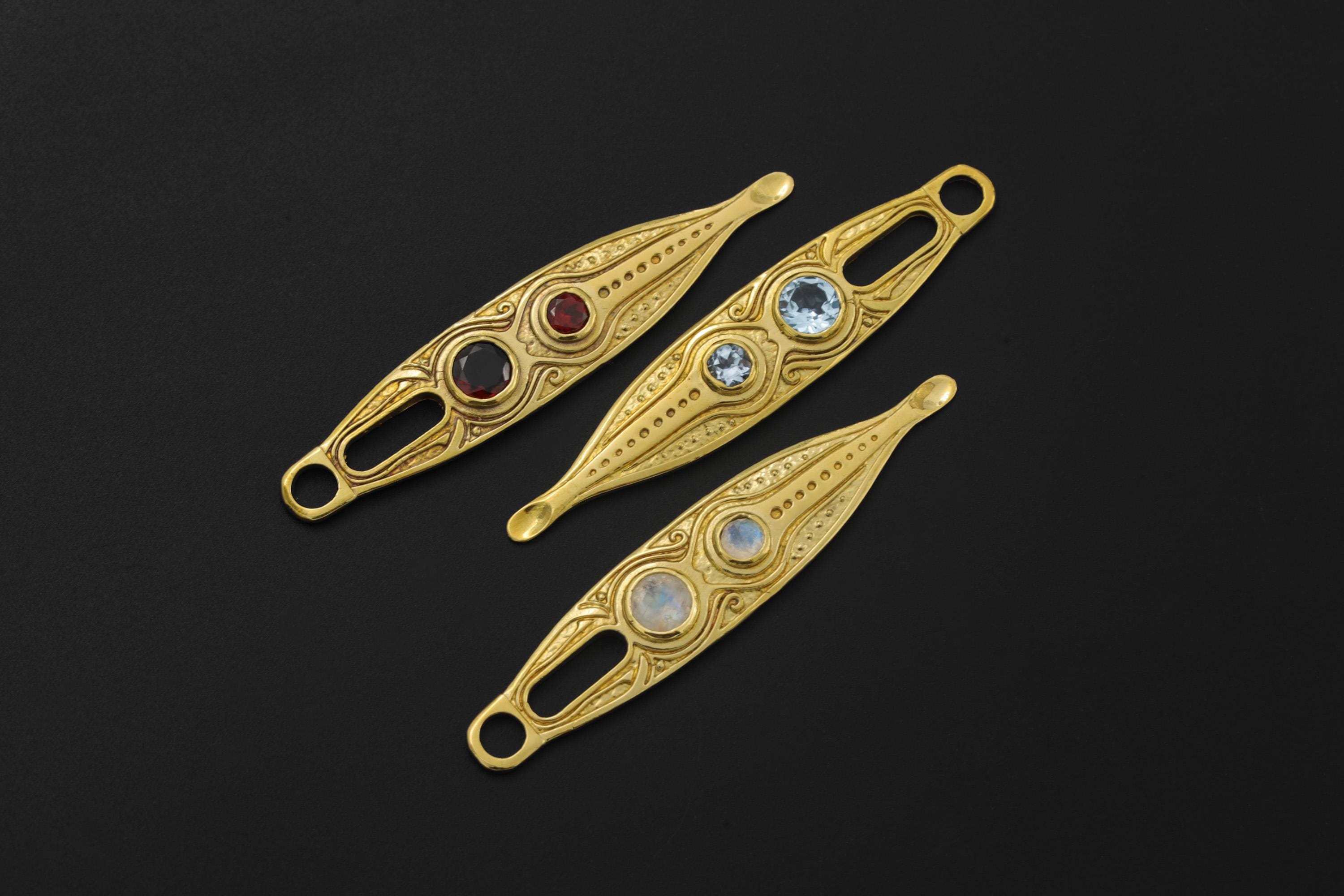 Gold Plated Brass Spoon Pendant, Faceted Red Garnet, Ritual Talisman Jewelry