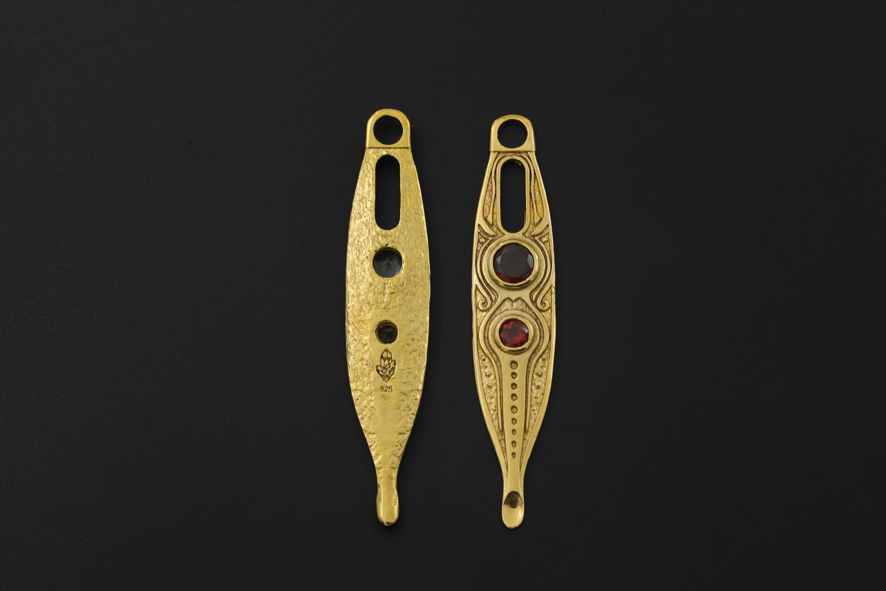 Gold Plated Brass Spoon Pendant, Faceted Red Garnet, Ritual Talisman Jewelry