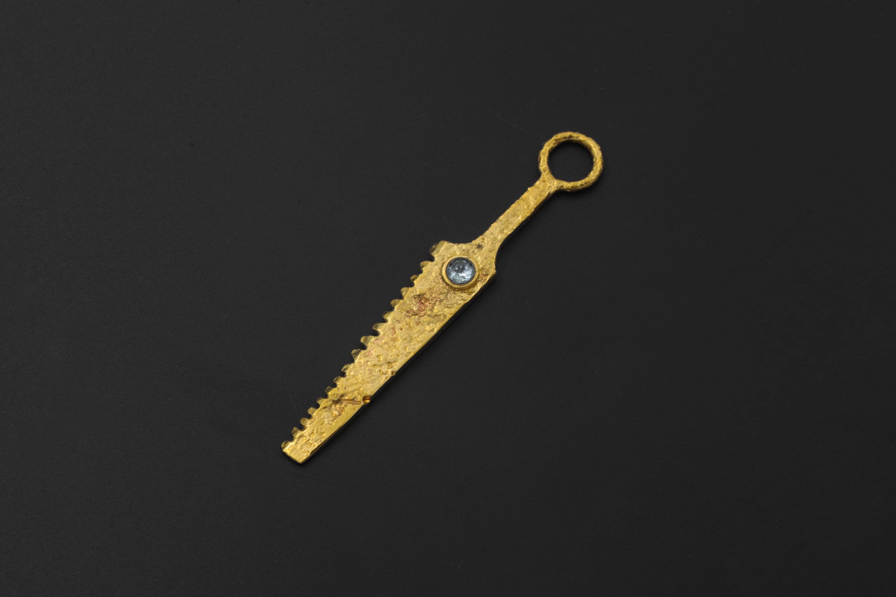 Cast Brass Cutter Spoon Pendant, Blue Topaz, 18k Gold Plated Talisman Necklace
