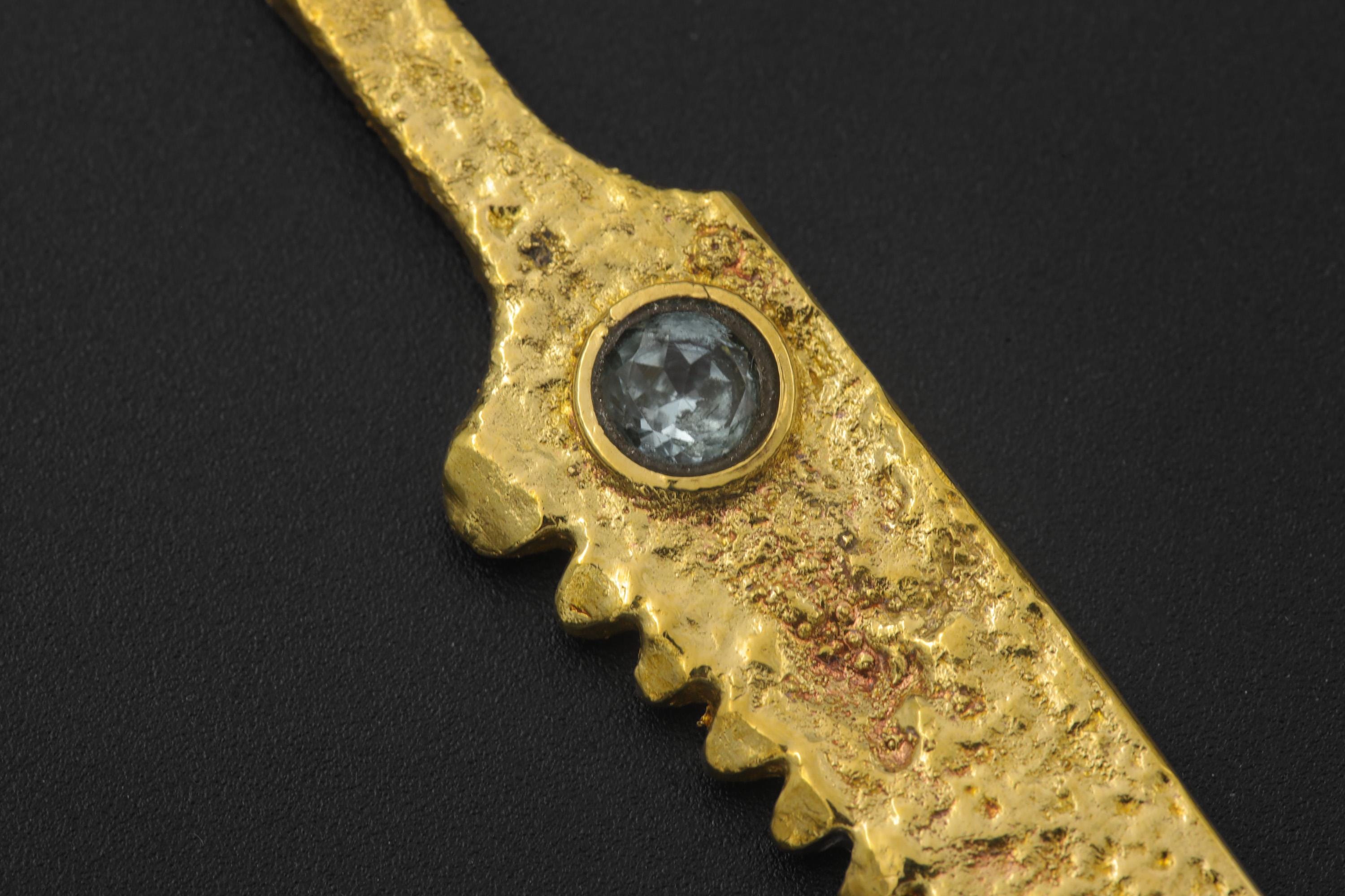 Cast Brass Cutter Spoon Pendant, Blue Topaz, 18k Gold Plated Talisman Necklace