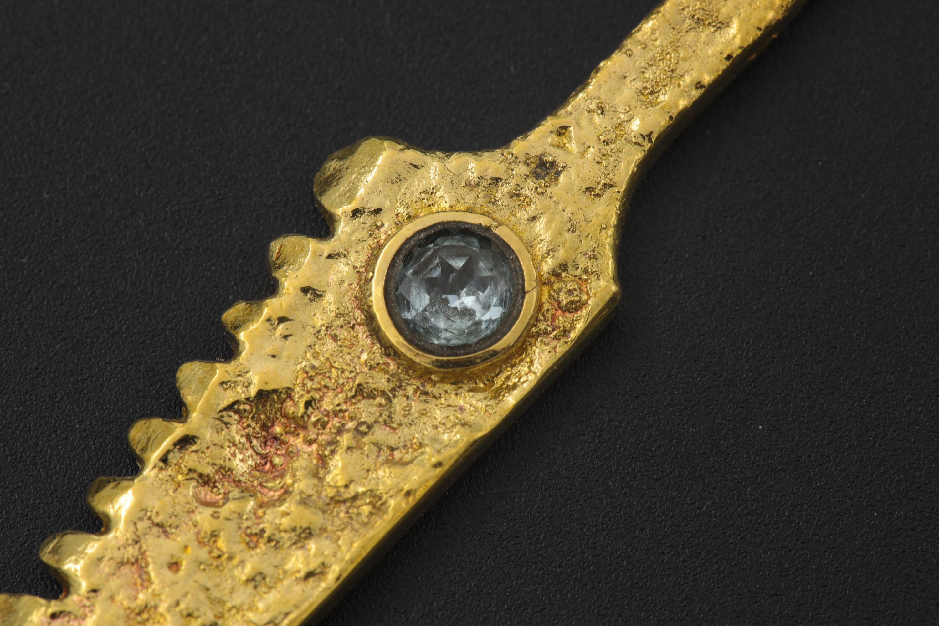 Cast Brass Cutter Spoon Pendant, Blue Topaz, 18k Gold Plated Talisman Necklace