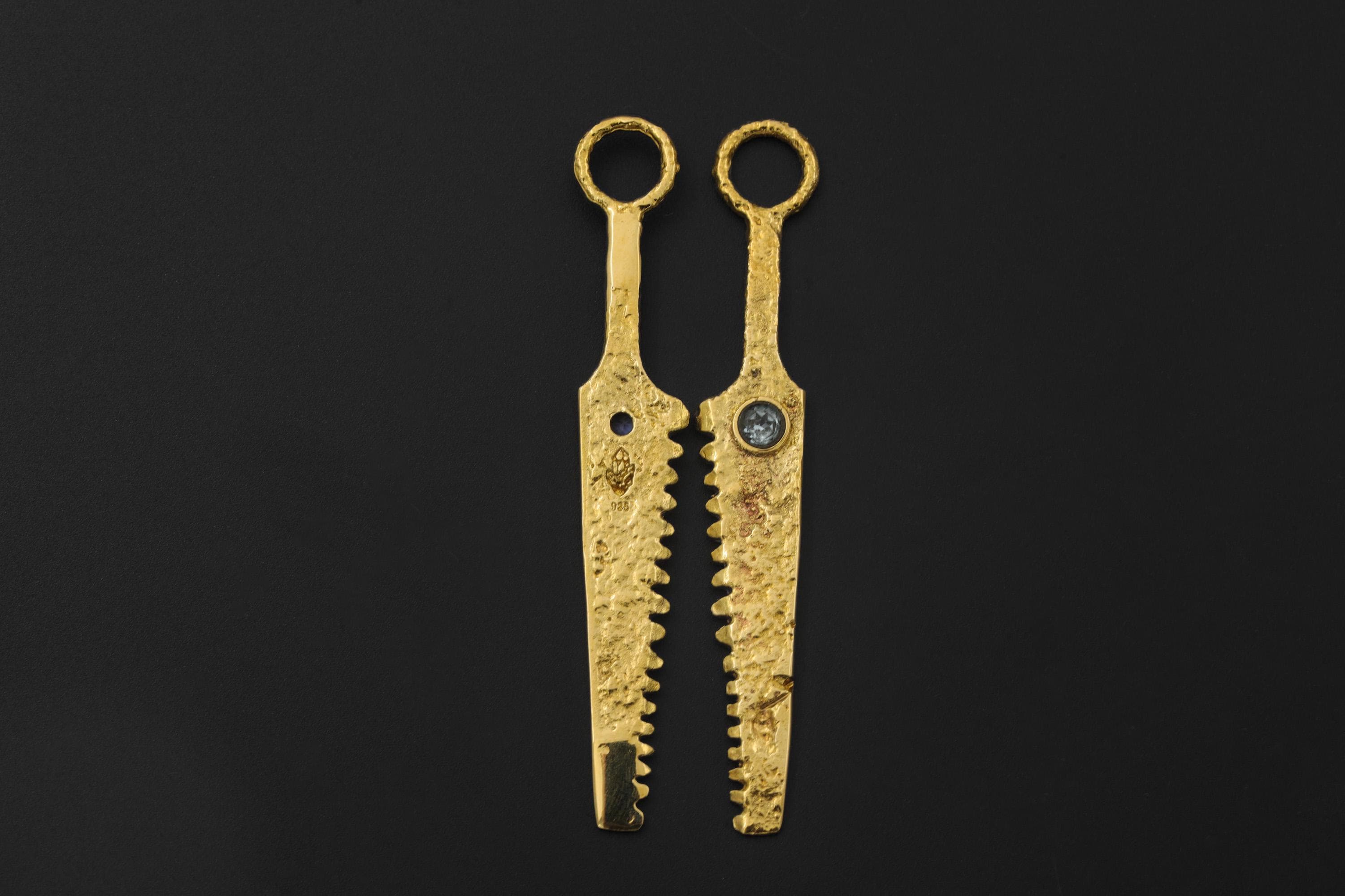 Cast Brass Cutter Spoon Pendant, Blue Topaz, 18k Gold Plated Talisman Necklace