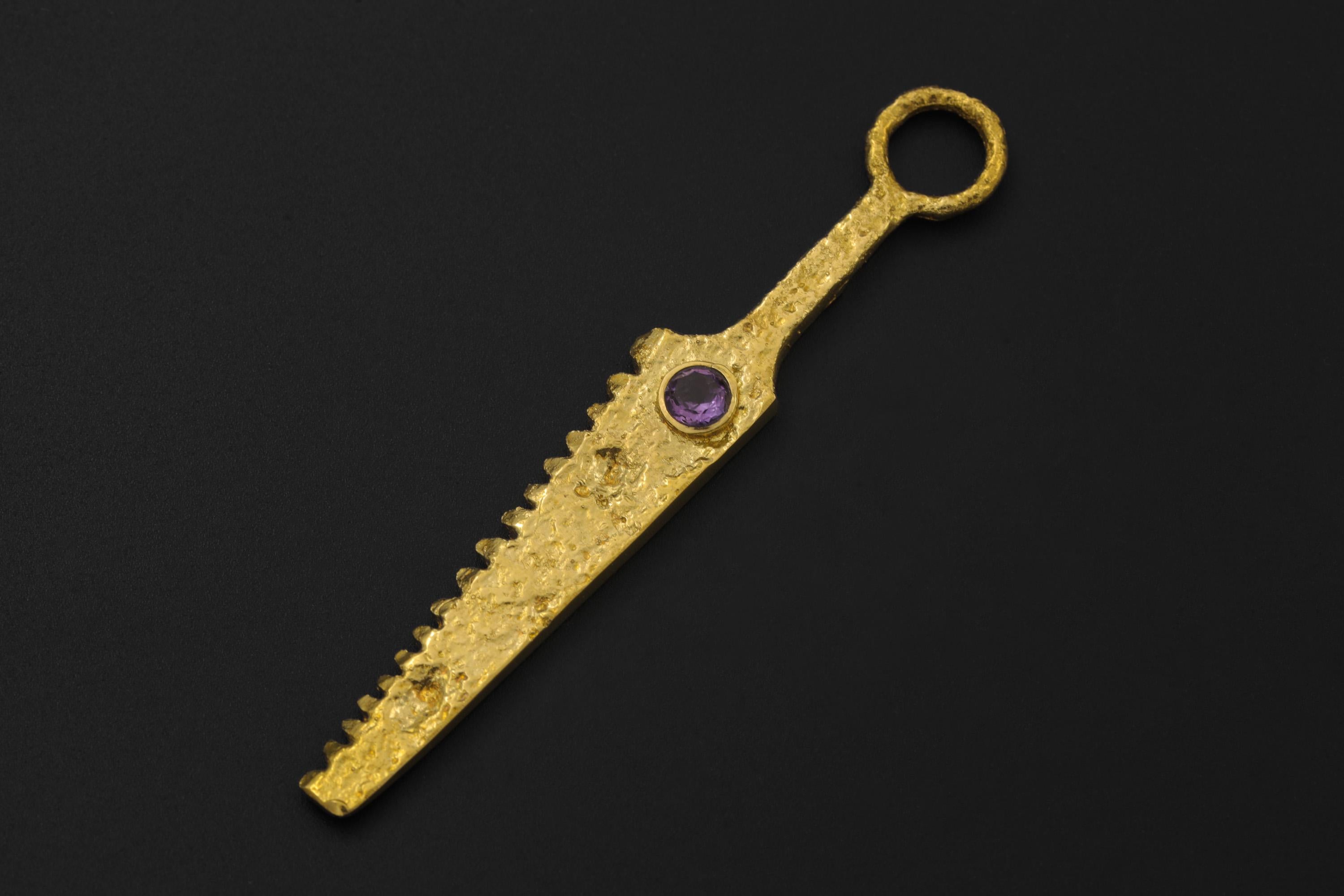 18k Gold Plated Brass Cutter Spoon Pendant, Faceted Amethyst Talisman, Ritual Jewelry