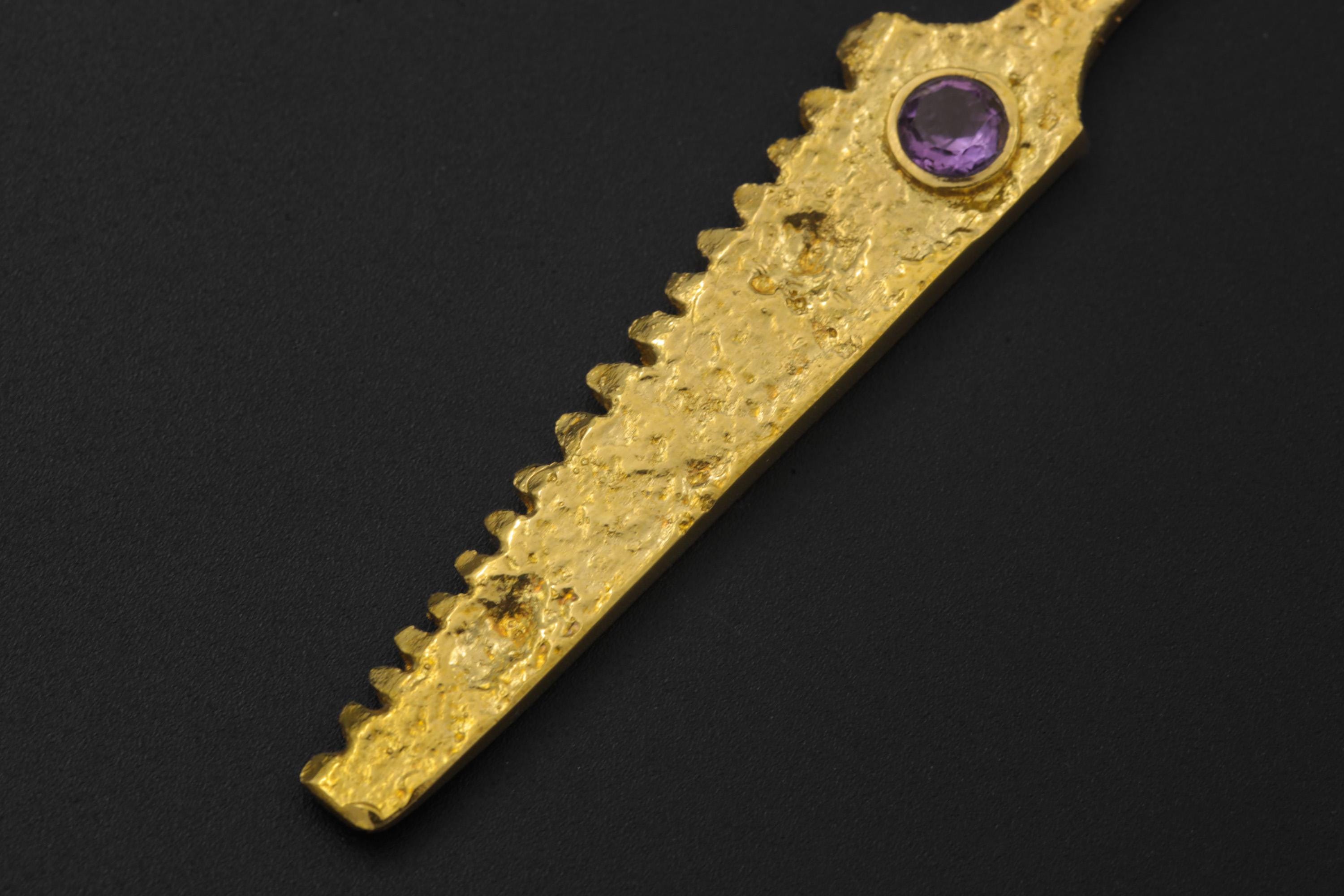 18k Gold Plated Brass Cutter Spoon Pendant, Faceted Amethyst Talisman, Ritual Jewelry