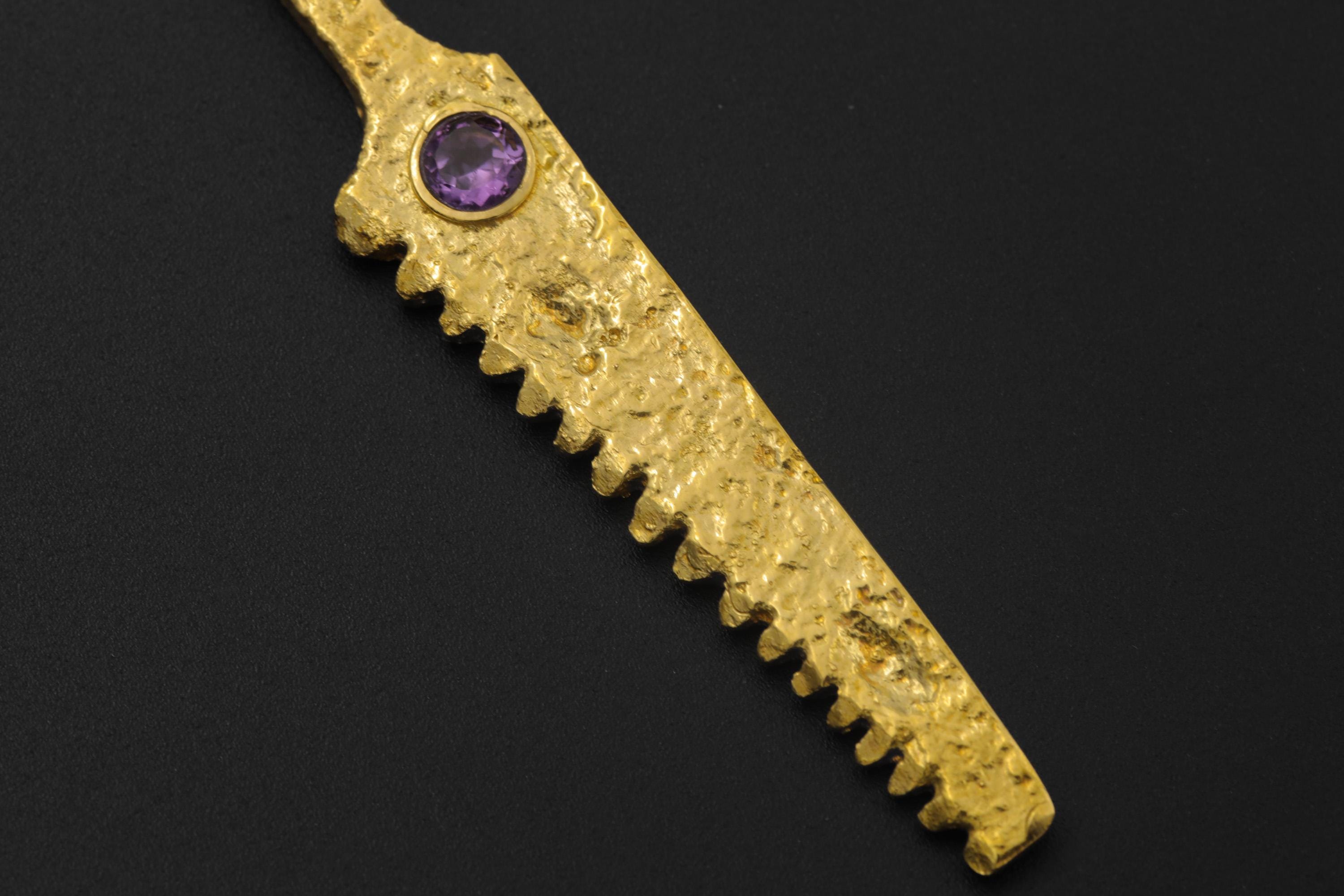 18k Gold Plated Brass Cutter Spoon Pendant, Faceted Amethyst Talisman, Ritual Jewelry