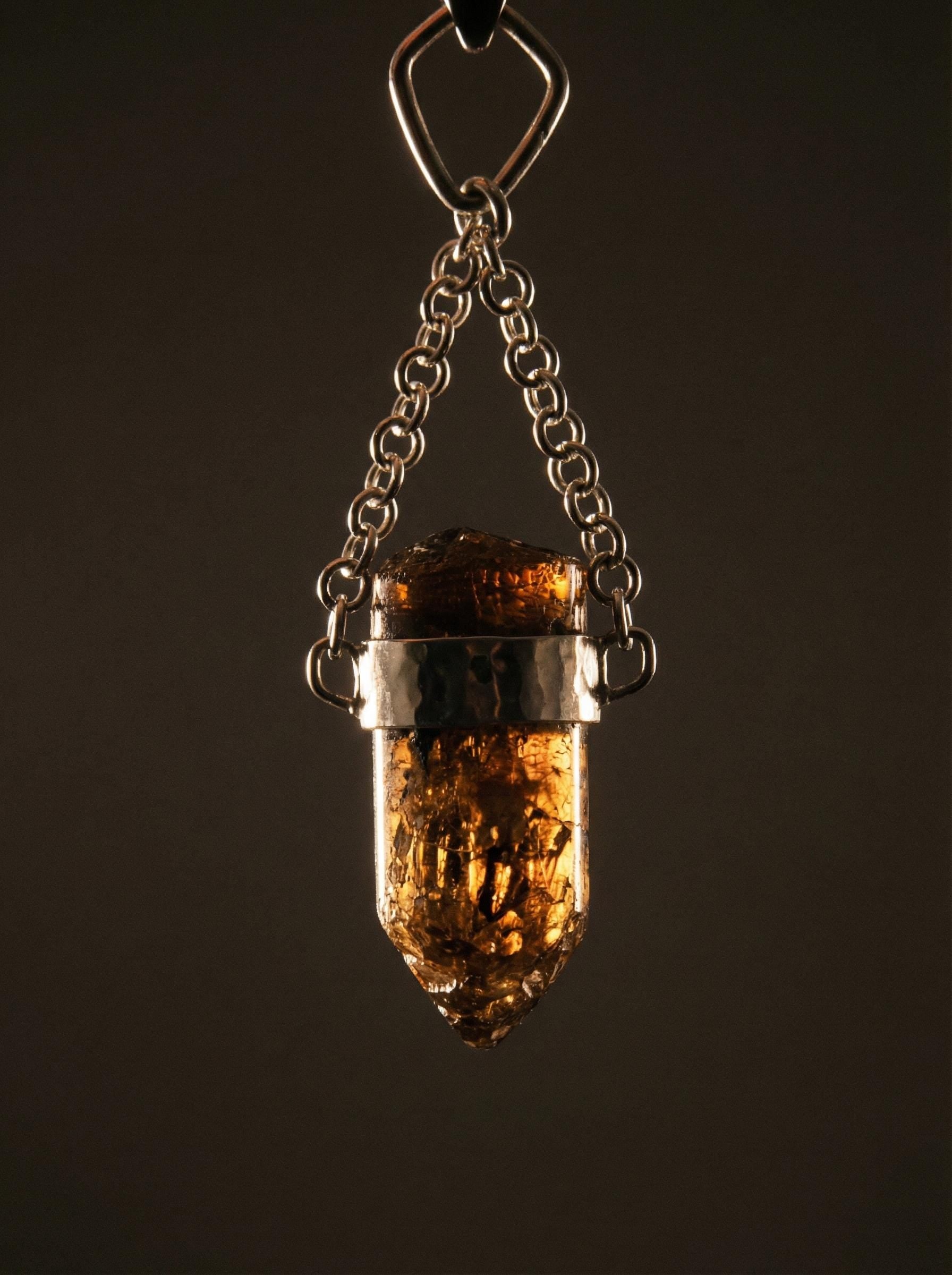Earthen Bullet Brown Tourmaline - Sterling Silver Crystal Pendant - Hammered Textured & High Polish Finish