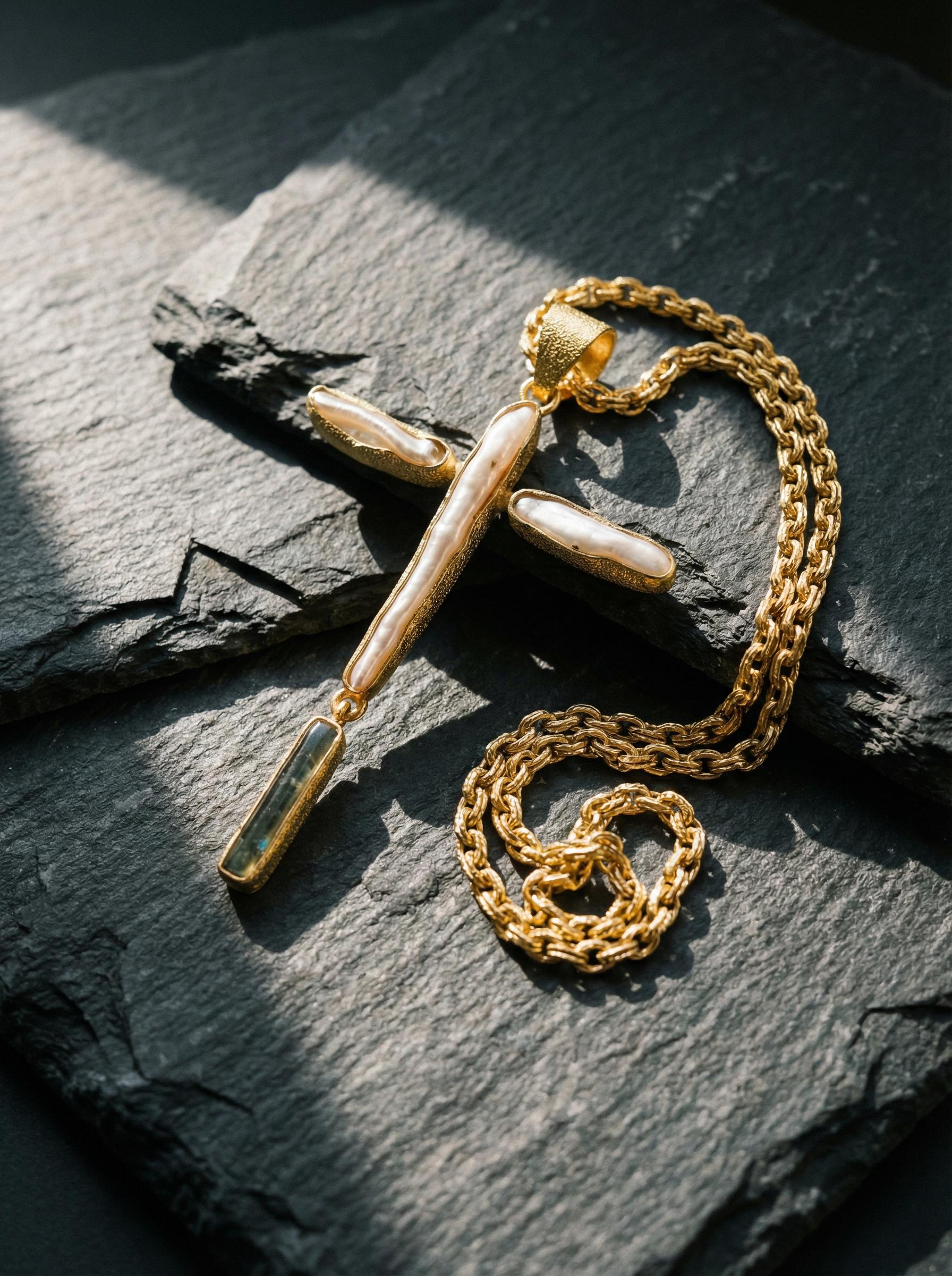 Raw Aquamarine Pearl Cross Pendant, 18k Gold Plated Silver