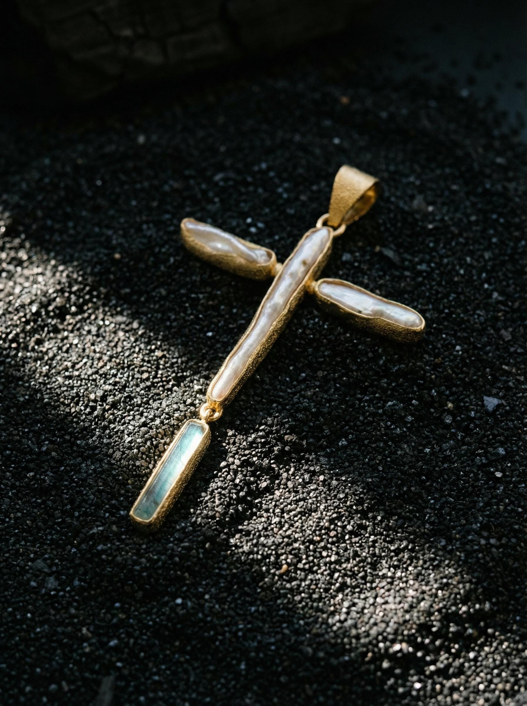 Raw Aquamarine Pearl Cross Pendant, 18k Gold Plated Silver