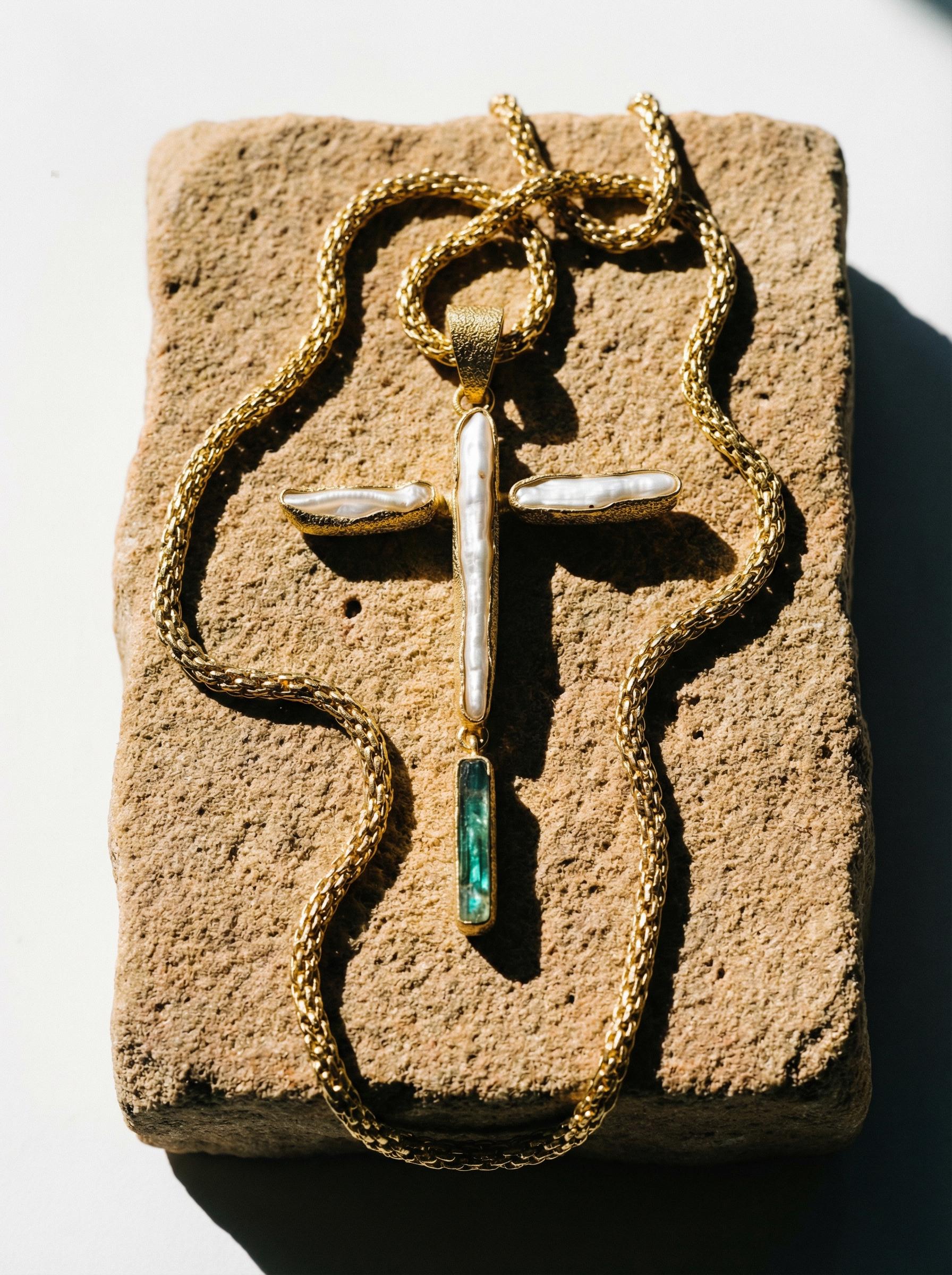 Raw Aquamarine Pearl Cross Pendant, 18k Gold Plated Silver