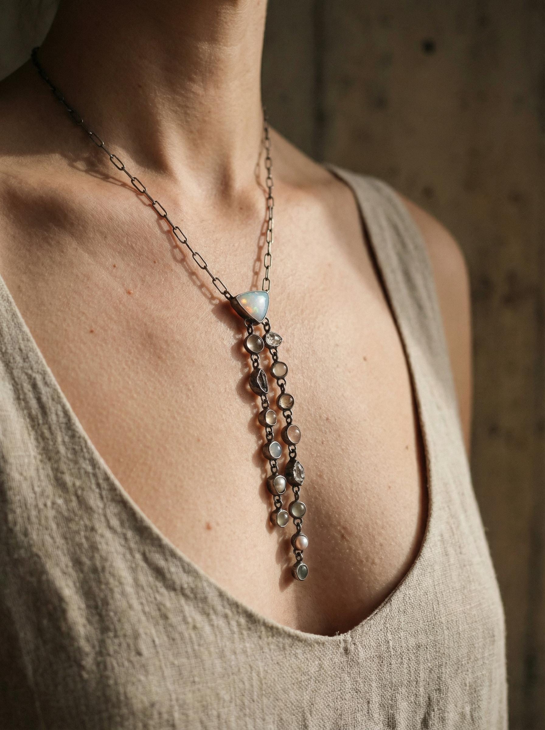 Opal Rose Quartz Aquamarine Pearl pendant shown worn on the chest as a long sterling silver gemstone talisman.
