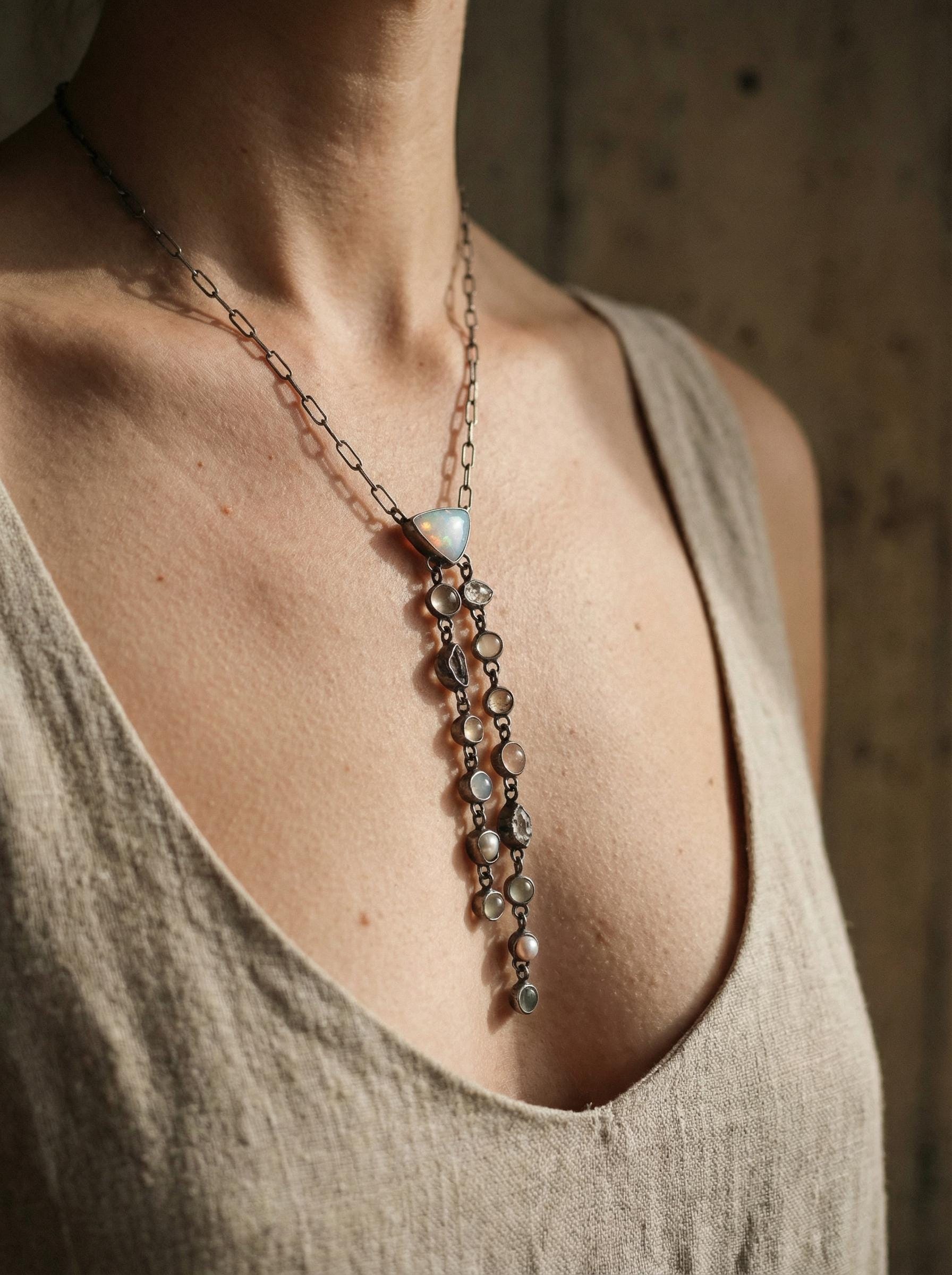 Multi-Crystal Sterling Silver Pendant: Opal, Rose Quartz, Aquamarine Necklace
