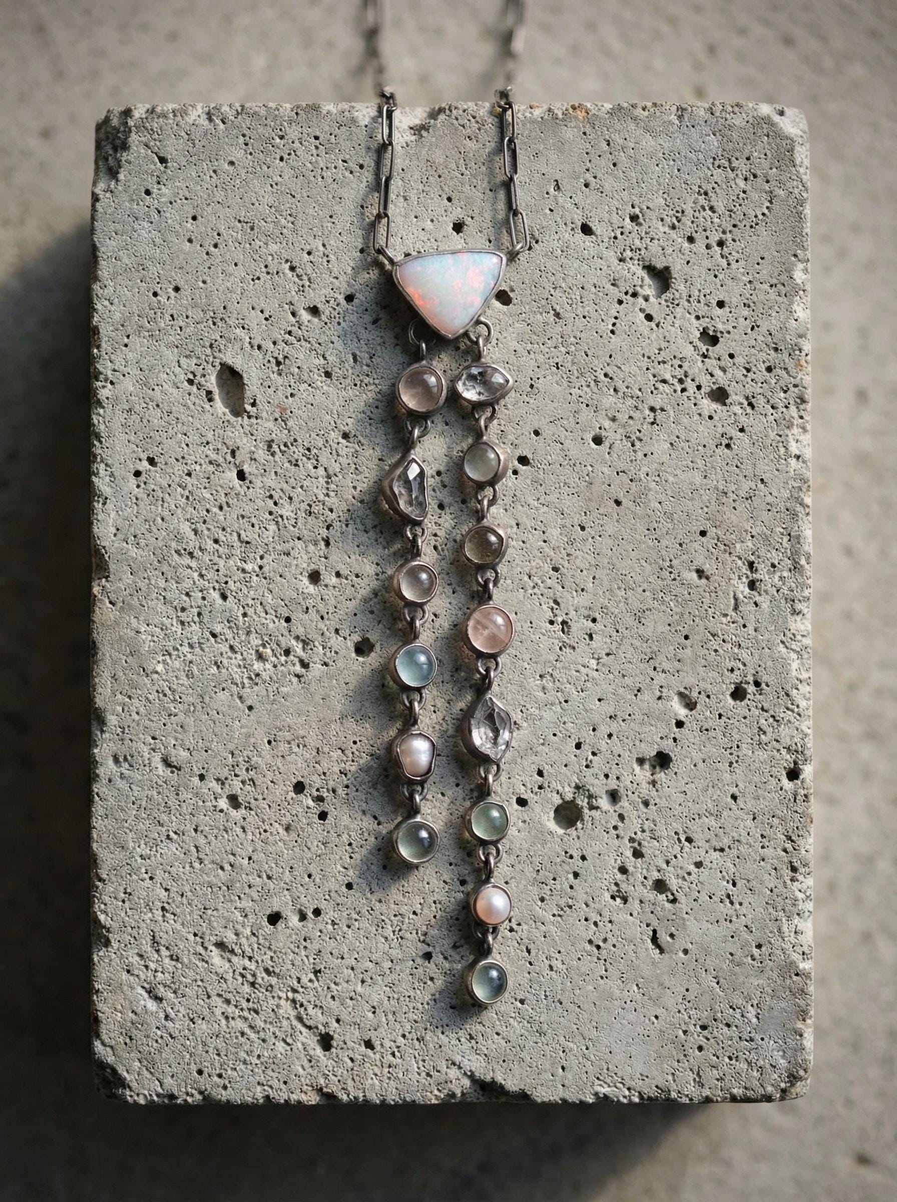Multi-Crystal Sterling Silver Pendant: Opal, Rose Quartz, Aquamarine Necklace