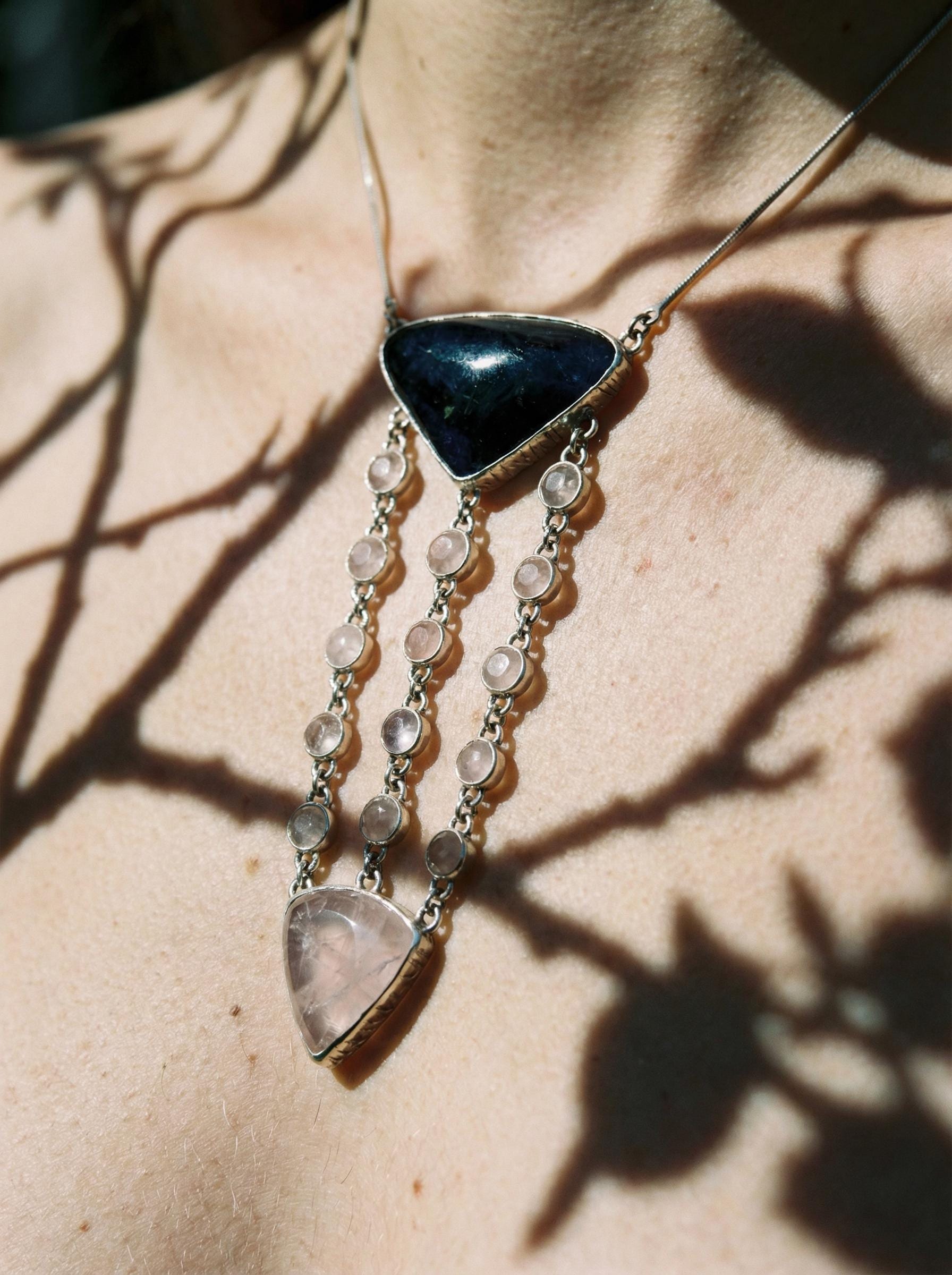 Tanzanite Rose Quartz Sterling Silver Pendant: Cascading Gemstone Necklace