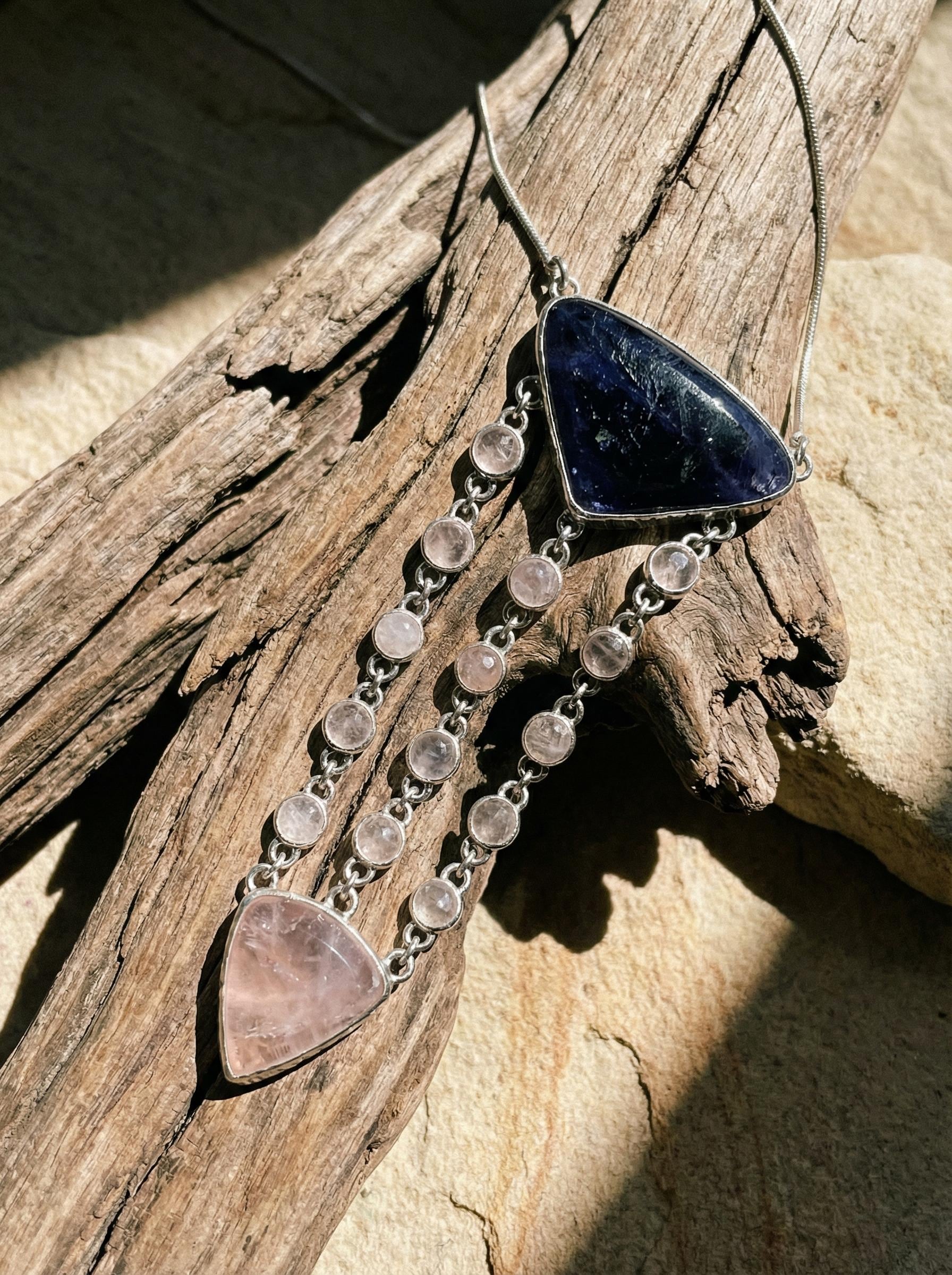 Tanzanite Rose Quartz Sterling Silver Pendant: Cascading Gemstone Necklace