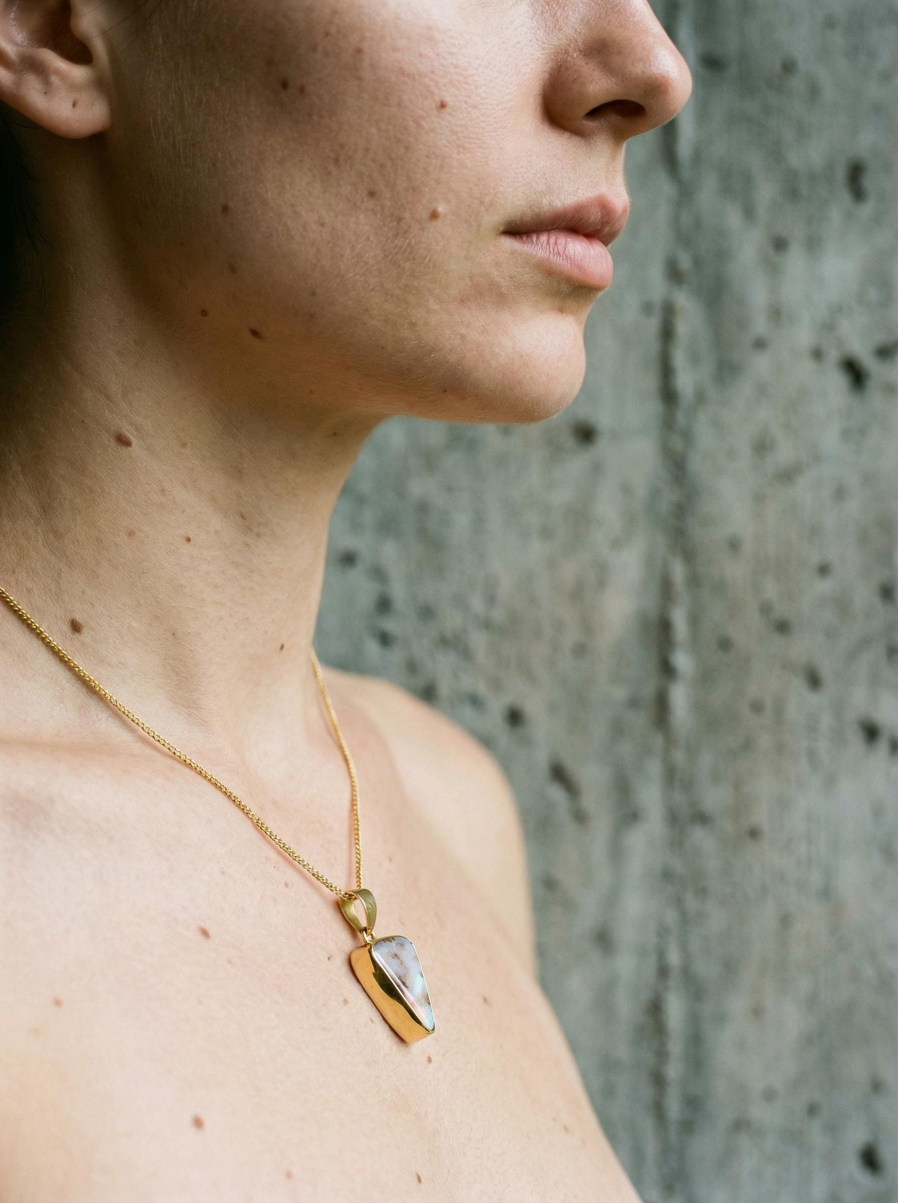 Australian White Opal Pendant: 18K Gold-Plated Sterling Silver, Heart Chakra