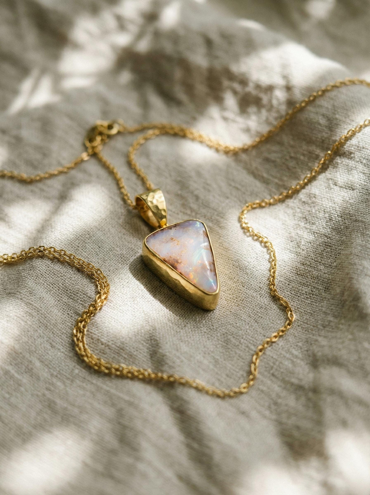 Australian White Opal Pendant: 18K Gold-Plated Sterling Silver, Heart Chakra