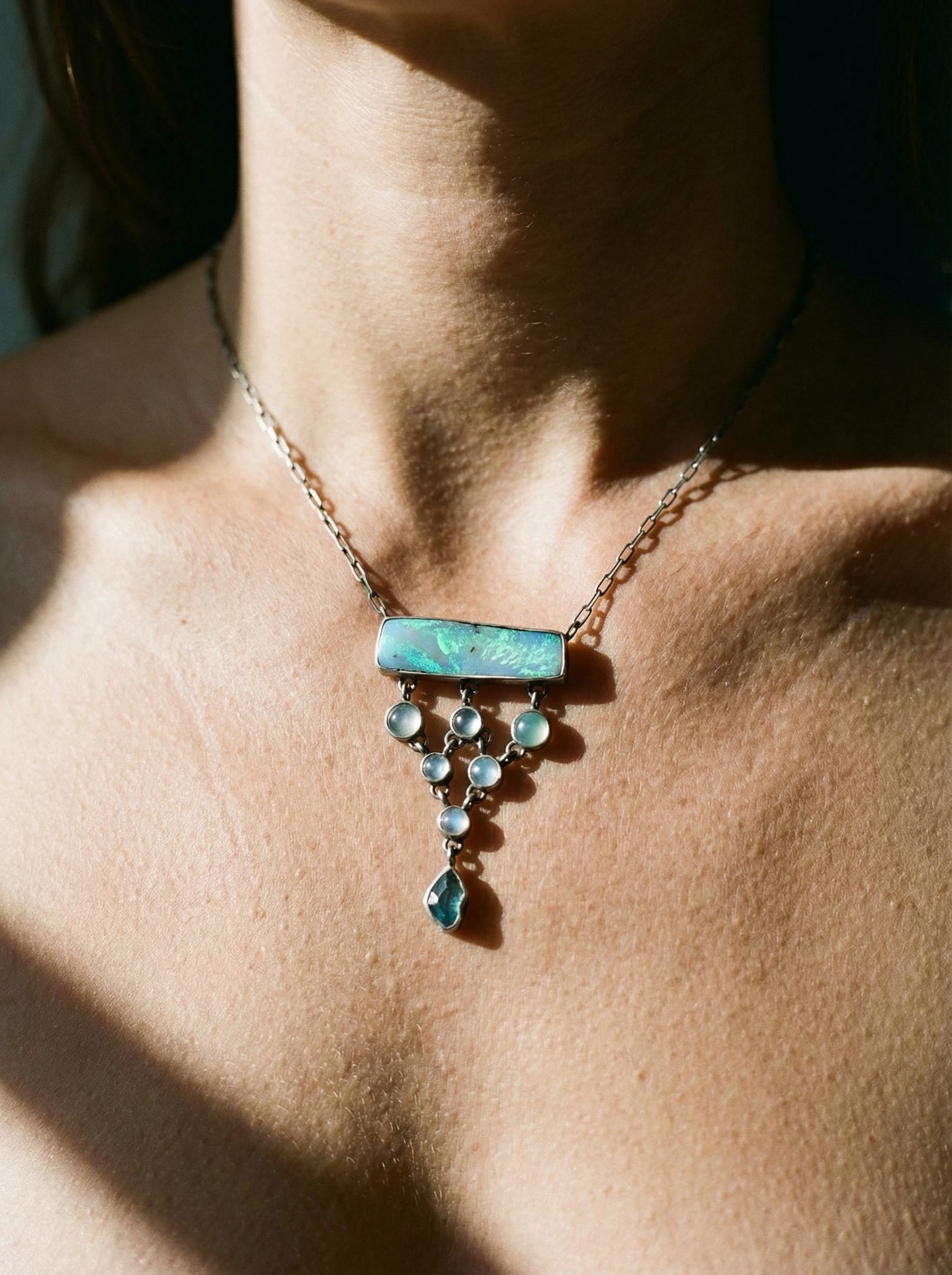 Opal Aquamarine Apatite Necklace: Sterling Silver Gemstone Pendant