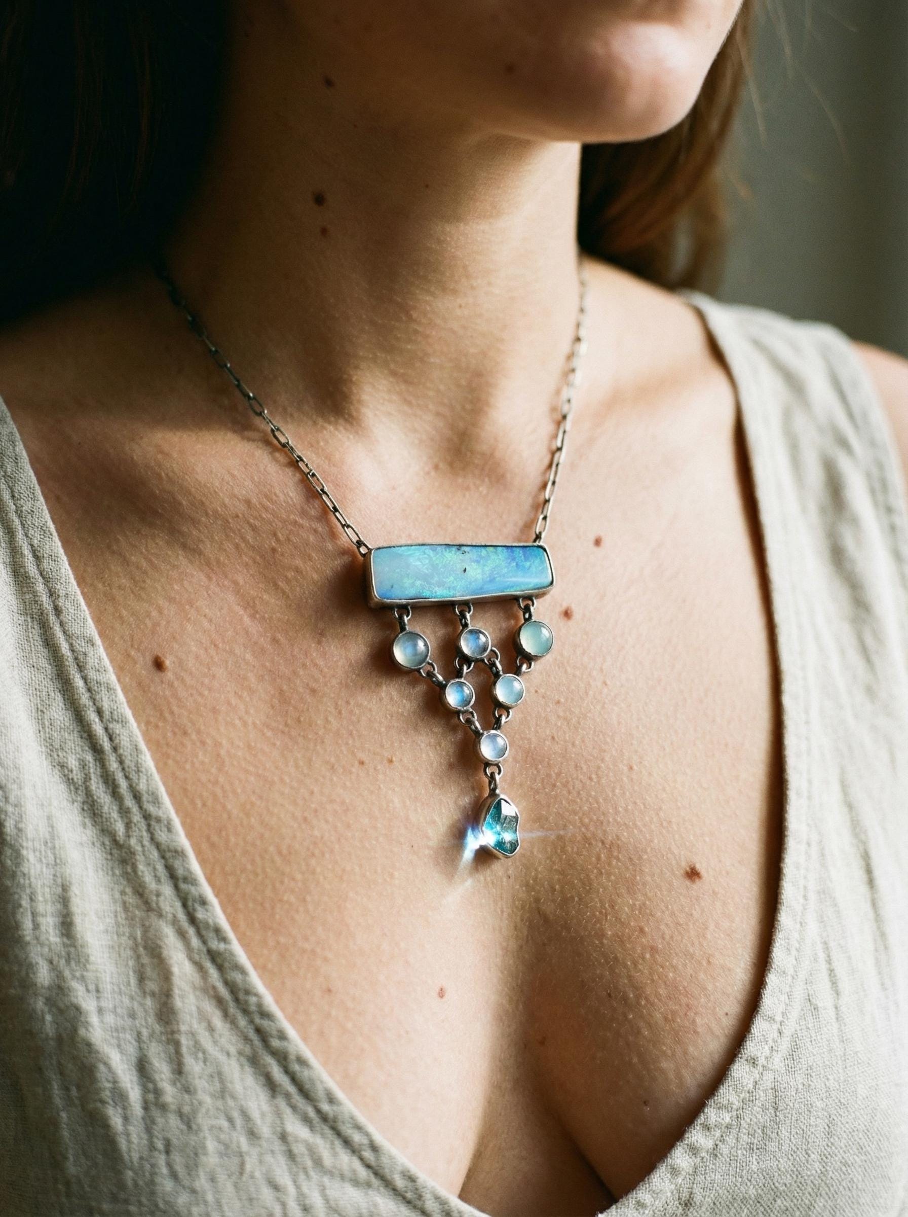 Opal Aquamarine Apatite Necklace: Sterling Silver Gemstone Pendant
