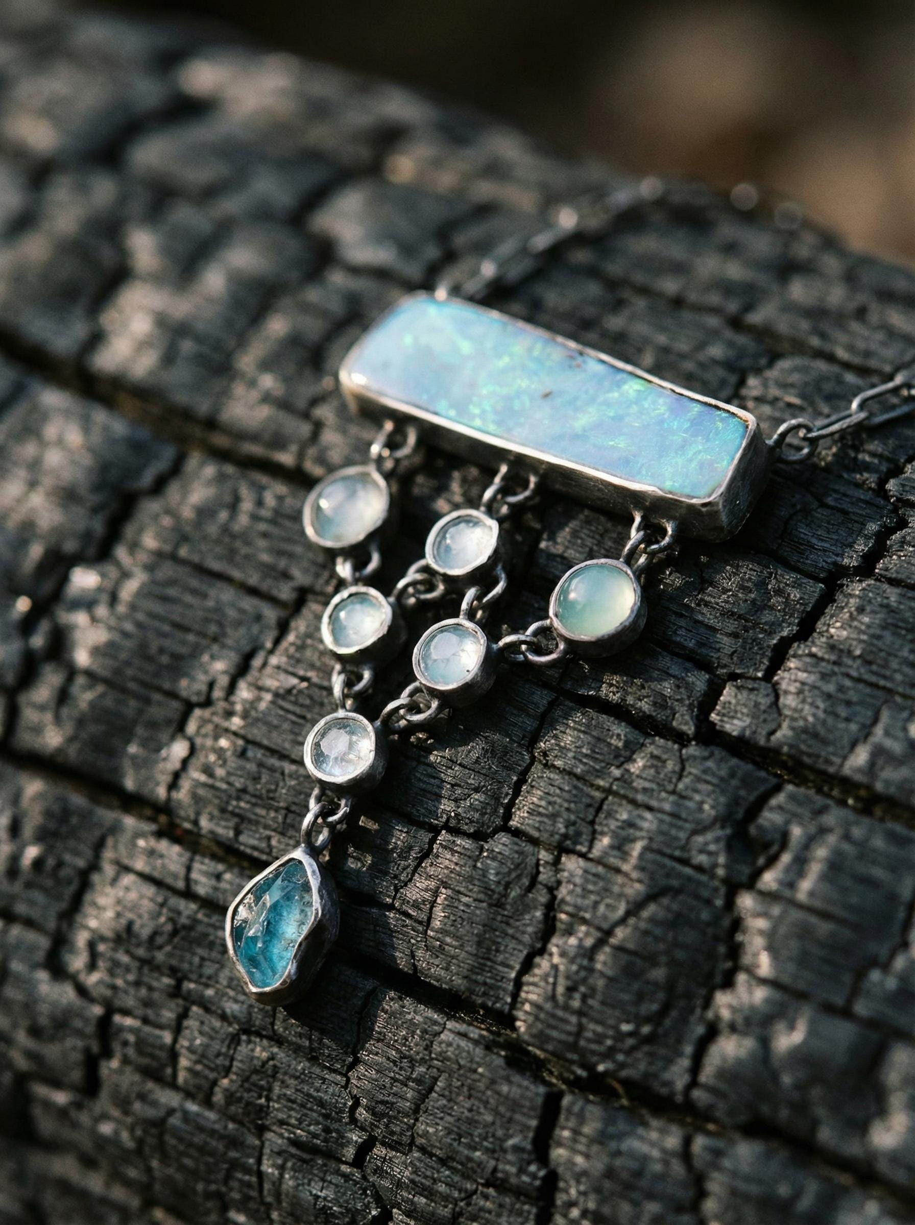 Opal Aquamarine Apatite Necklace: Sterling Silver Gemstone Pendant
