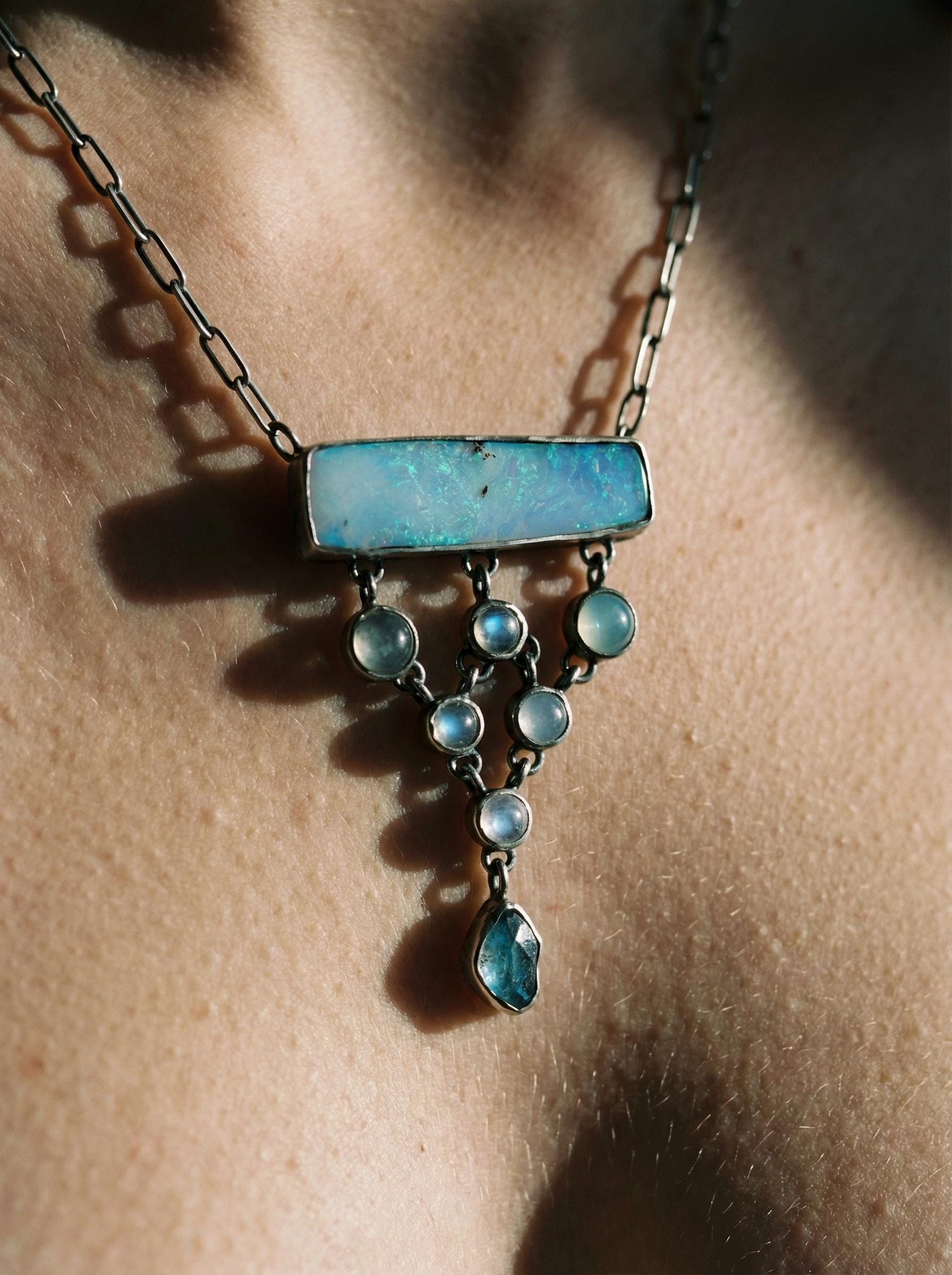 Opal Aquamarine Apatite Necklace: Sterling Silver Gemstone Pendant