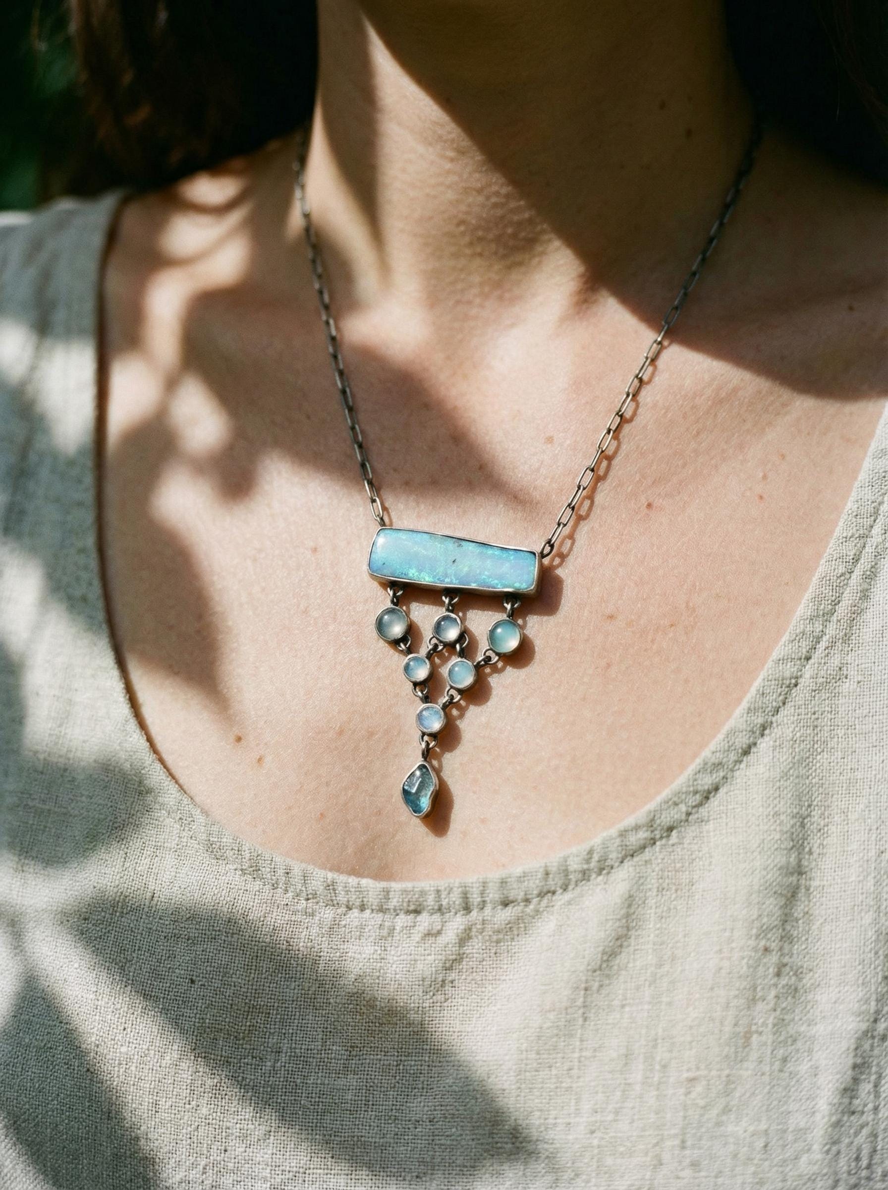 Opal Aquamarine Apatite Necklace: Sterling Silver Gemstone Pendant