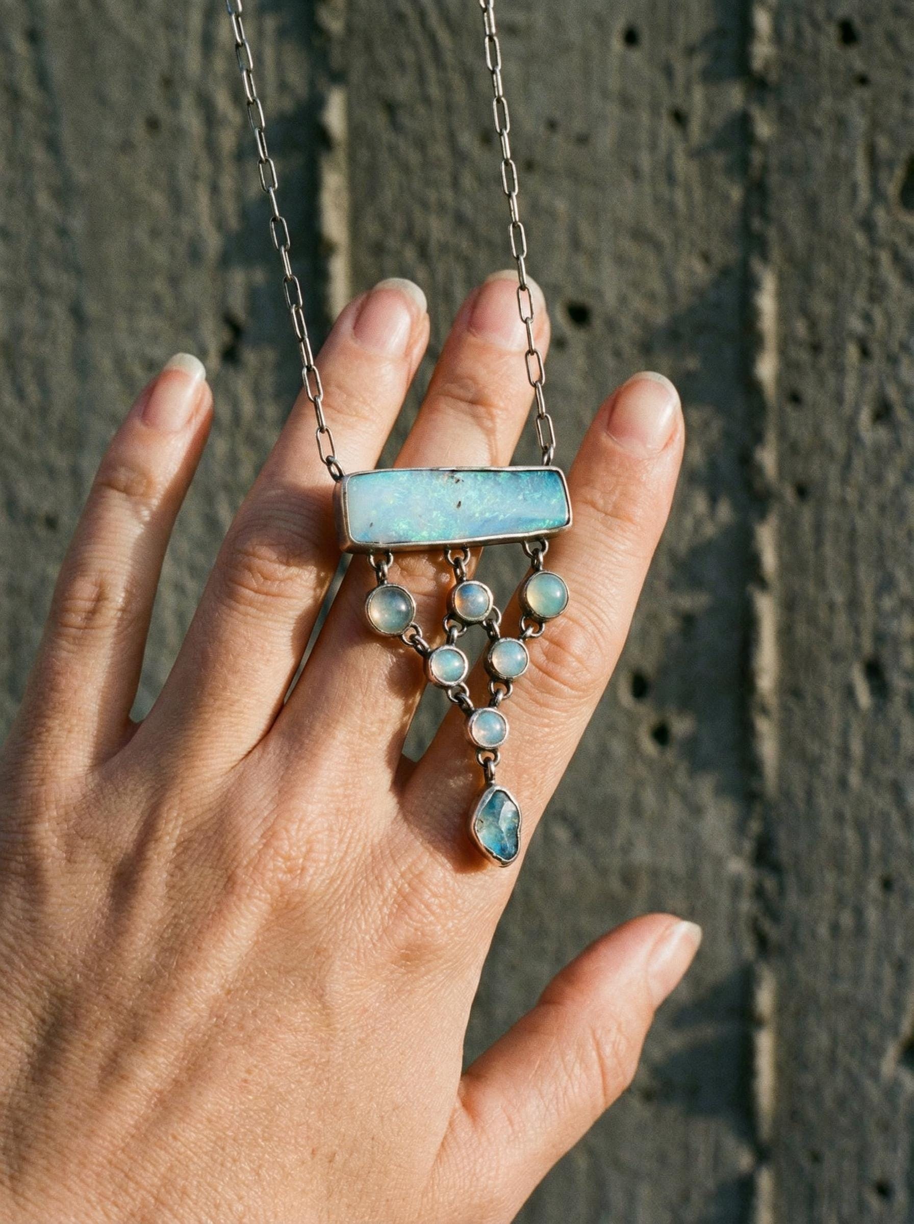 Opal Aquamarine Apatite Necklace: Sterling Silver Gemstone Pendant