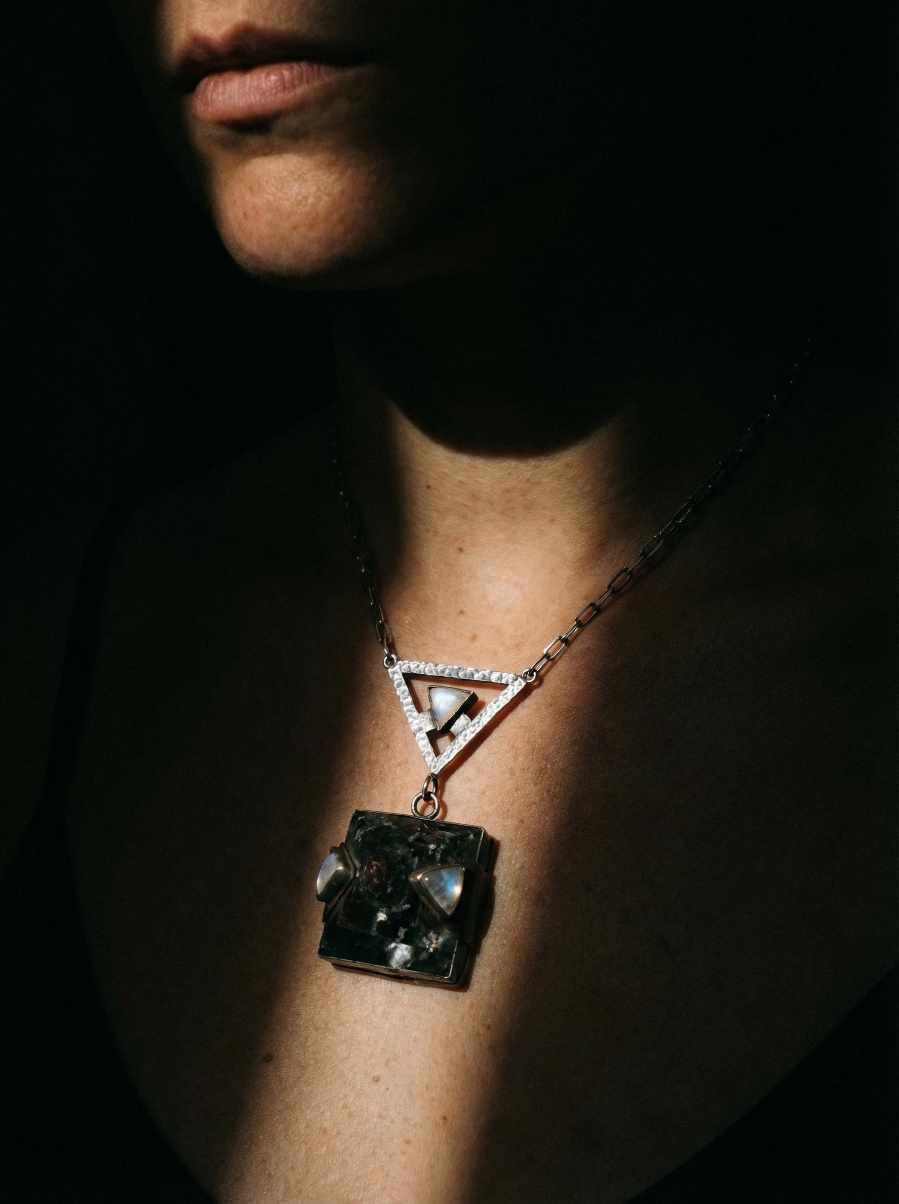 Oxidized Sterling Silver Moonstone & Chlorite Quartz Necklace