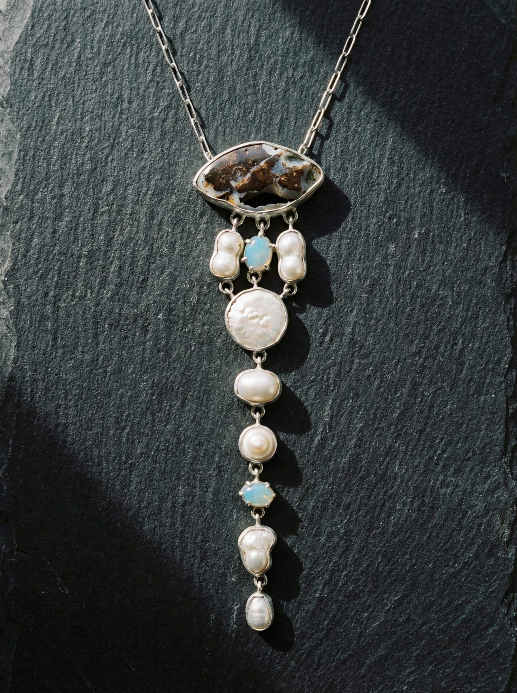 Raw Australian Opal & South Sea Pearl Necklace: Sterling Silver Brushed Bezel