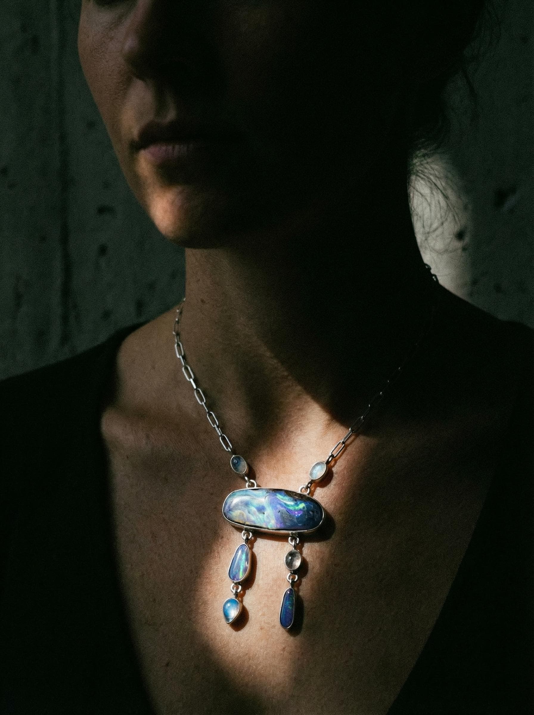 Boulder Opal Moonstone Pendant: Sterling Silver Galactic Jewelry