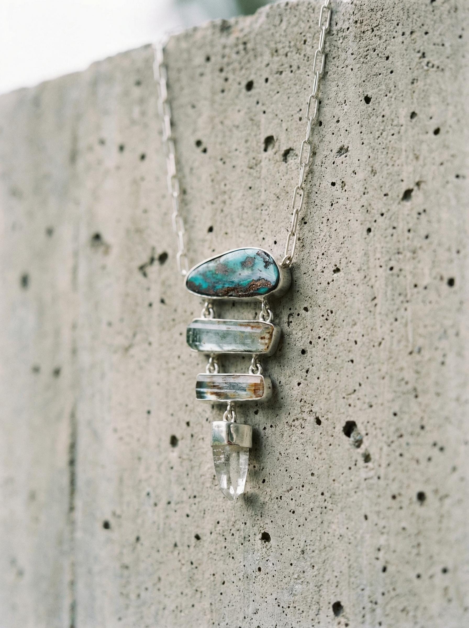 Boulder Opal Pendant: Aquamarine, Lemurian Quartz, Sterling Silver Necklace