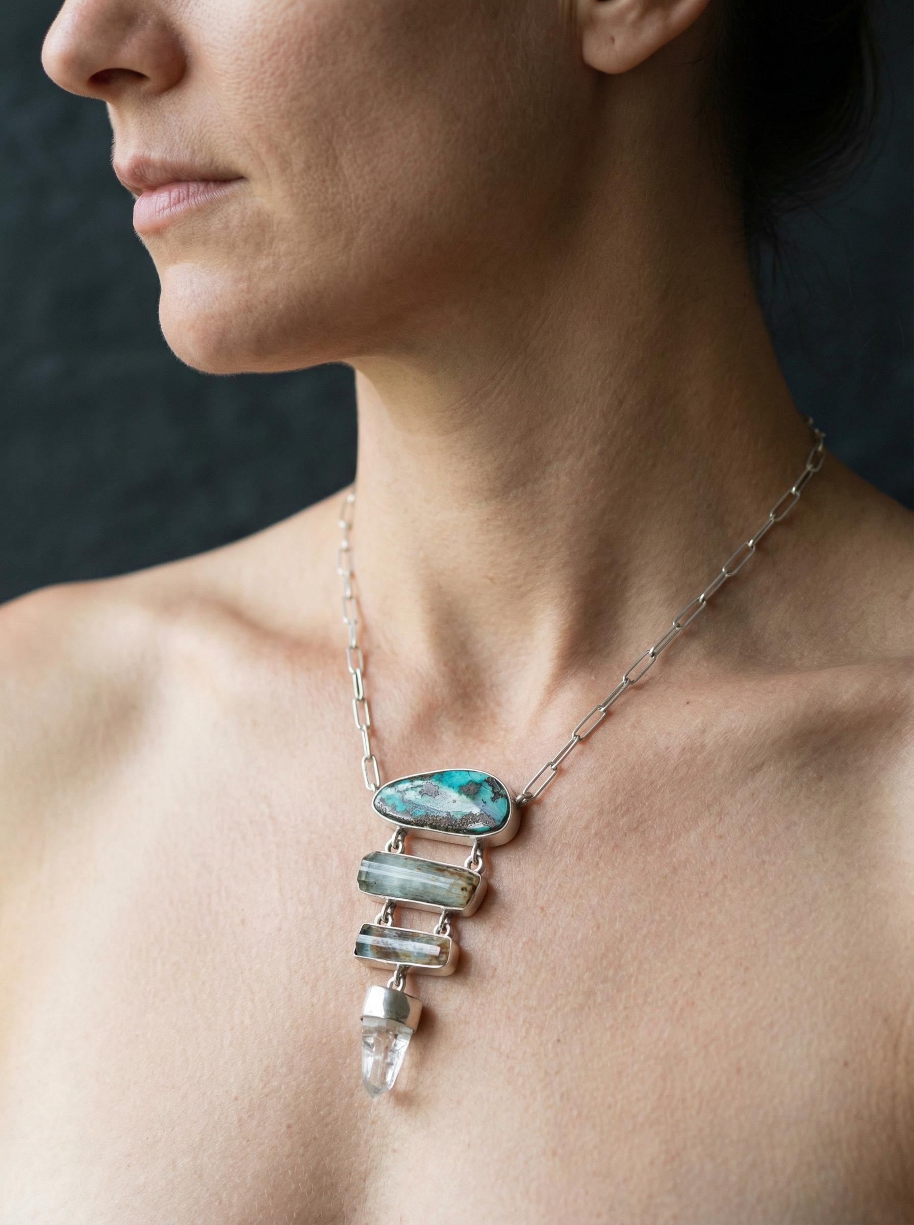 Boulder Opal Pendant: Aquamarine, Lemurian Quartz, Sterling Silver Necklace