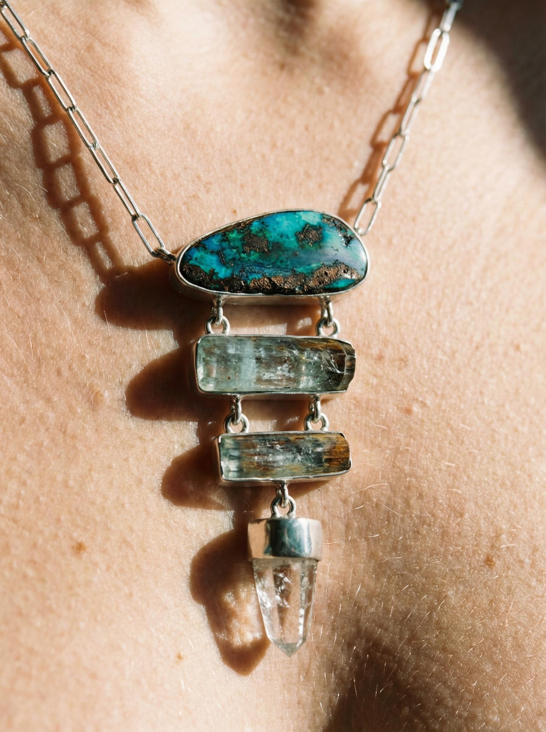 Boulder Opal Pendant: Aquamarine, Lemurian Quartz, Sterling Silver Necklace