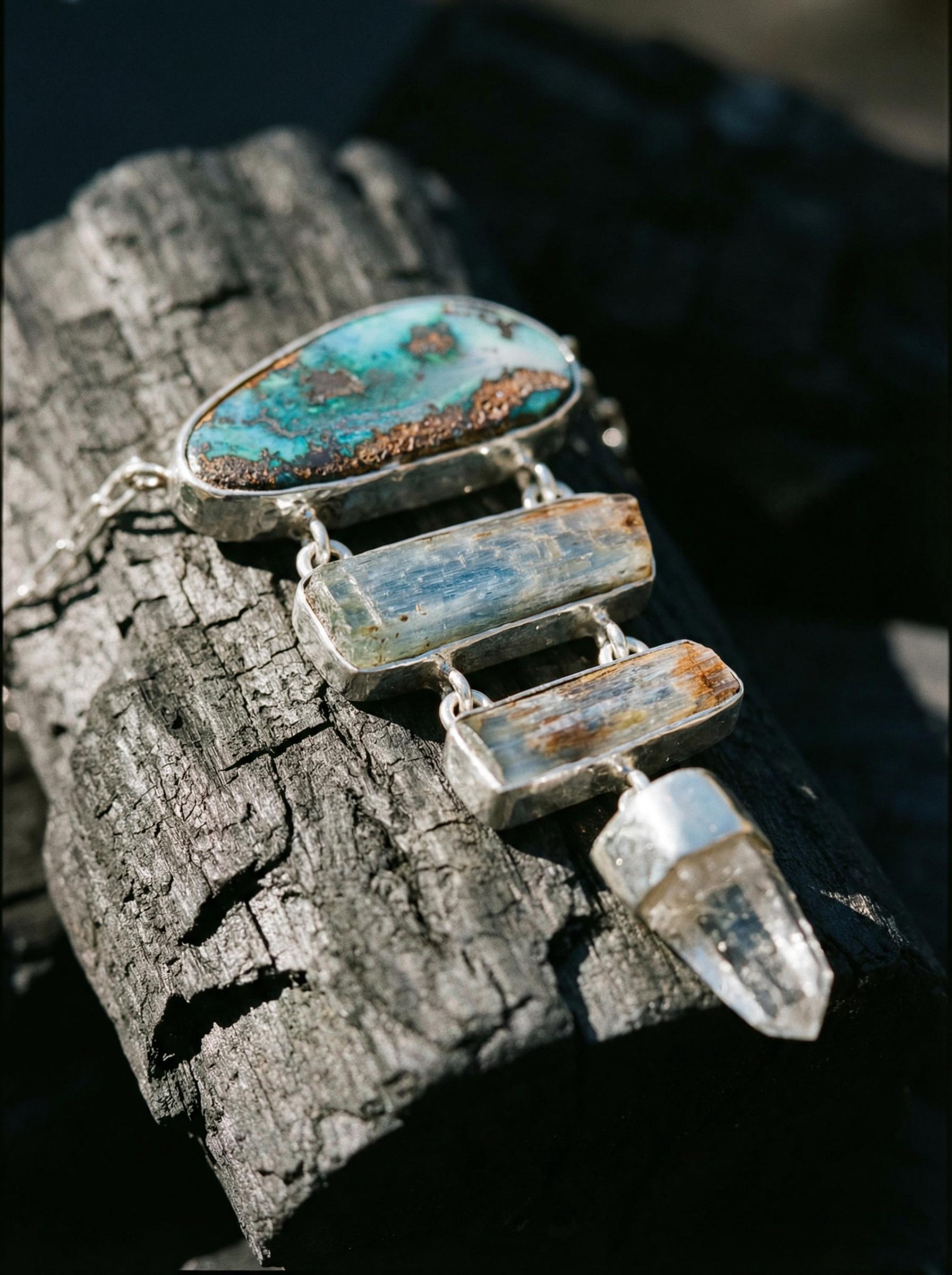 Boulder Opal Pendant: Aquamarine, Lemurian Quartz, Sterling Silver Necklace