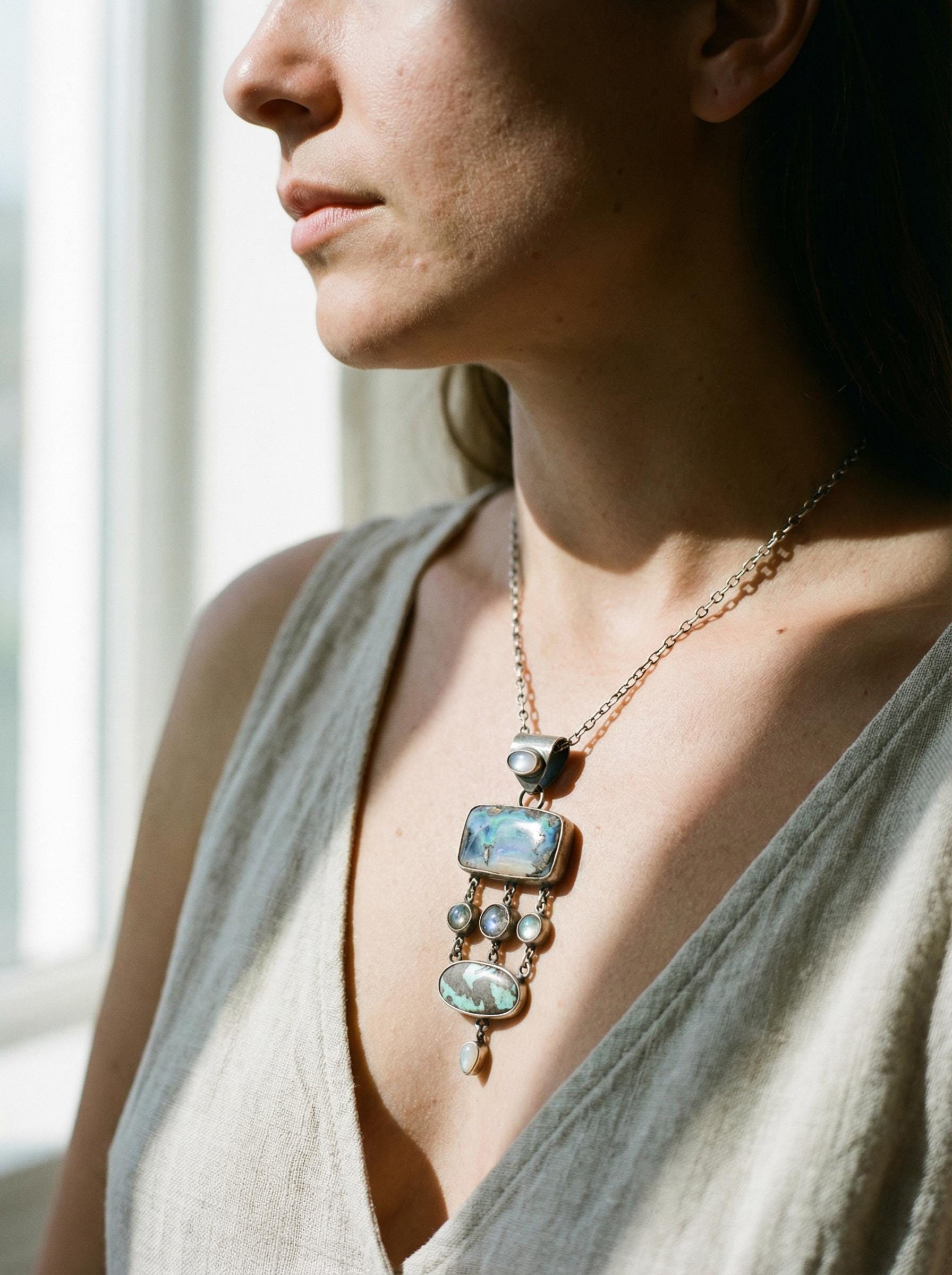 Oxidized Sterling Silver Gemstone Pendant: Australian Opal, Labradorite, Turquoise, Moonstone